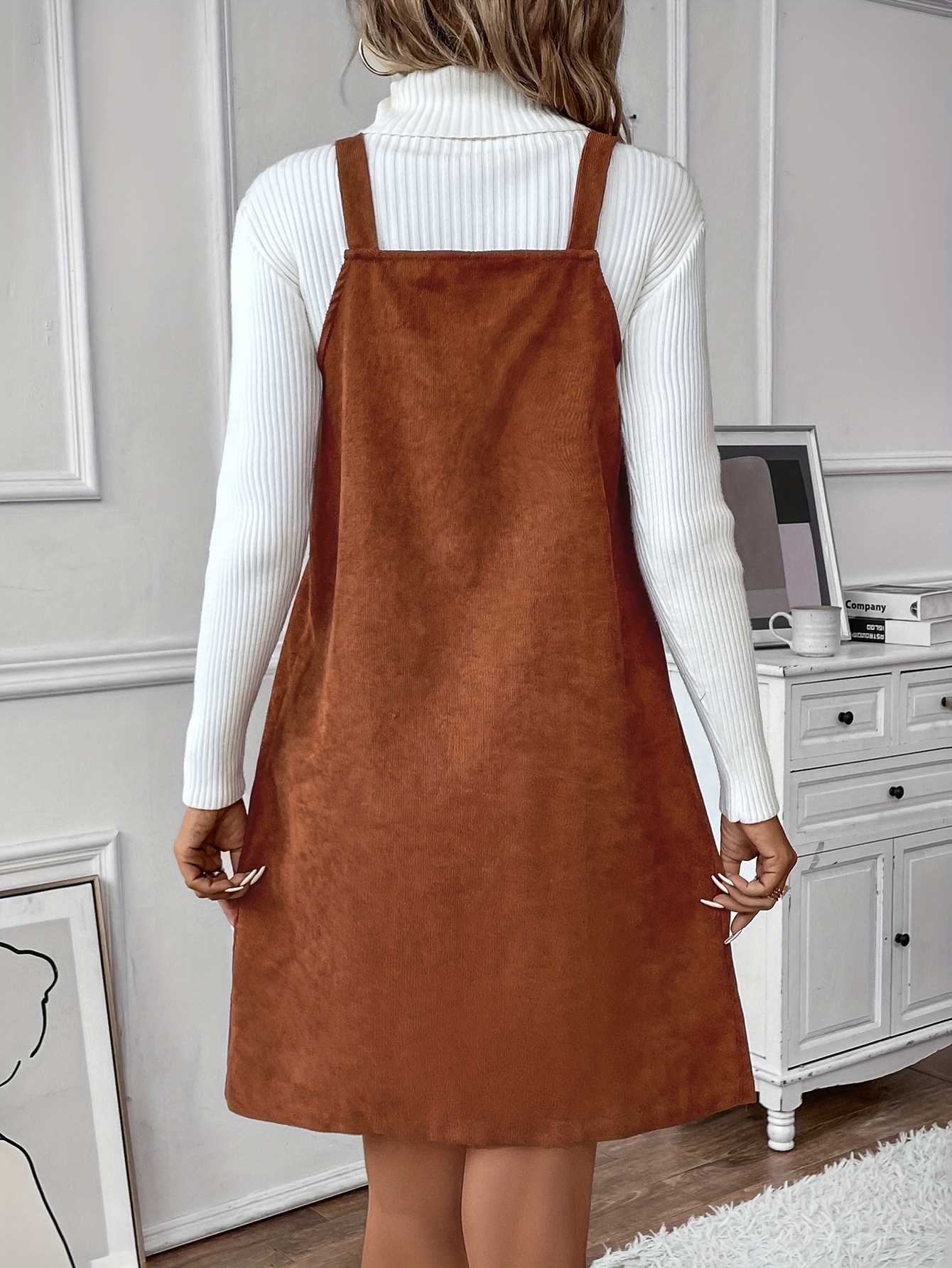 preppy corduroy button decor tank dress elegant solid v neck sleeveless dress womens clothing details 3