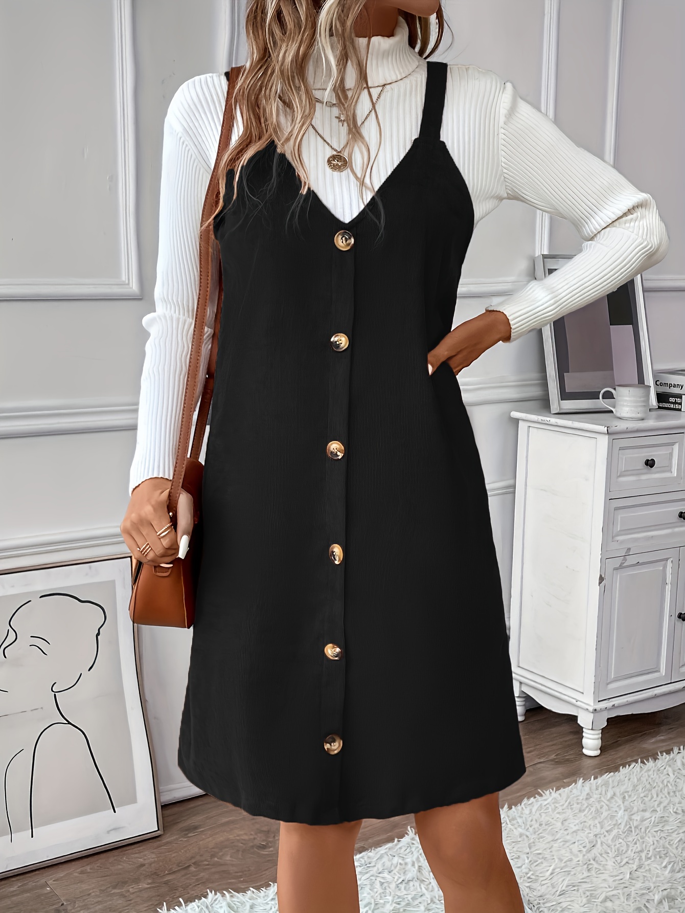 preppy corduroy button decor tank dress elegant solid v neck sleeveless dress womens clothing details 6