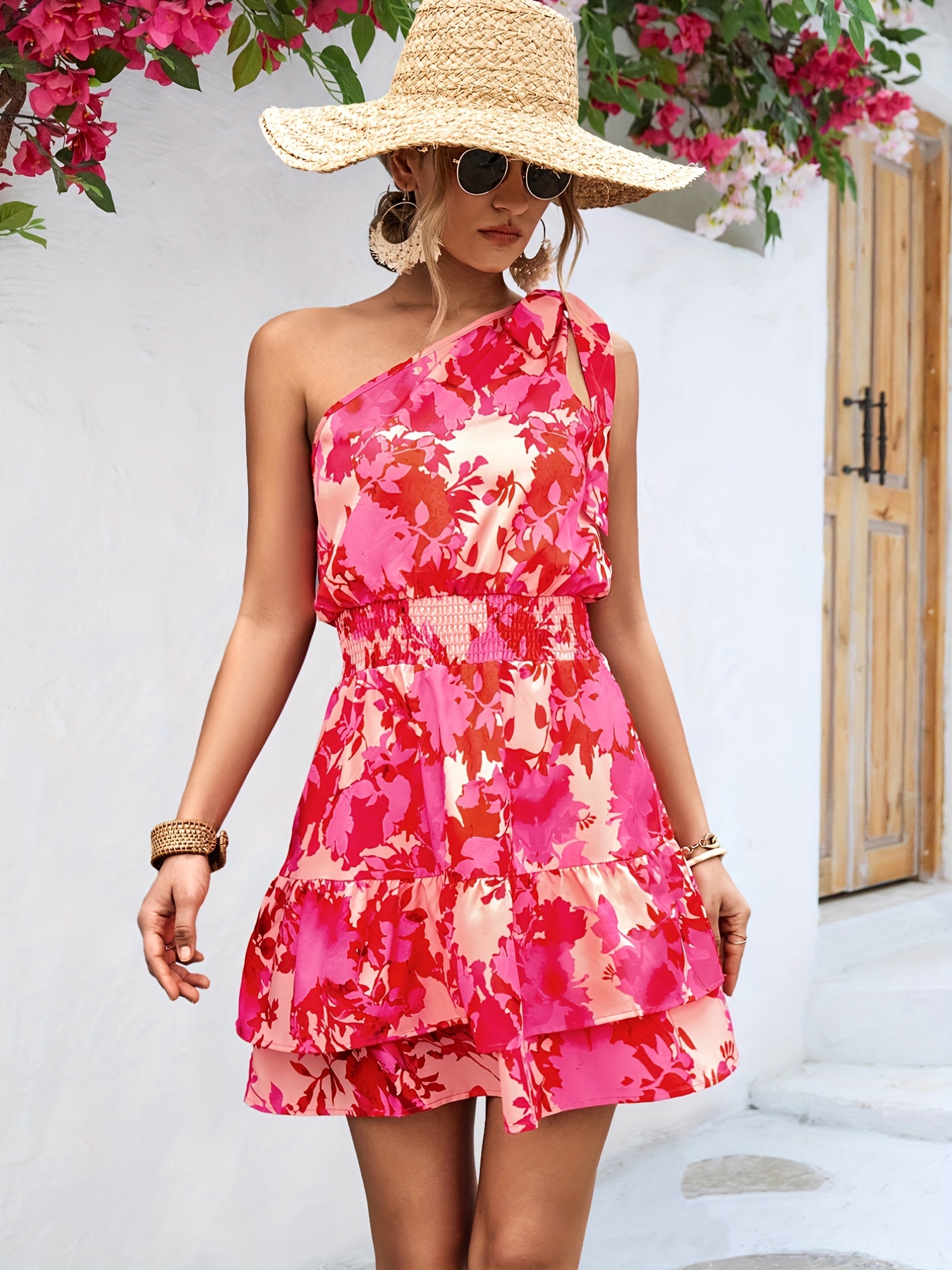 floral print one shoulder dress boho knotted shirred waist layered dress womens clothing details 0