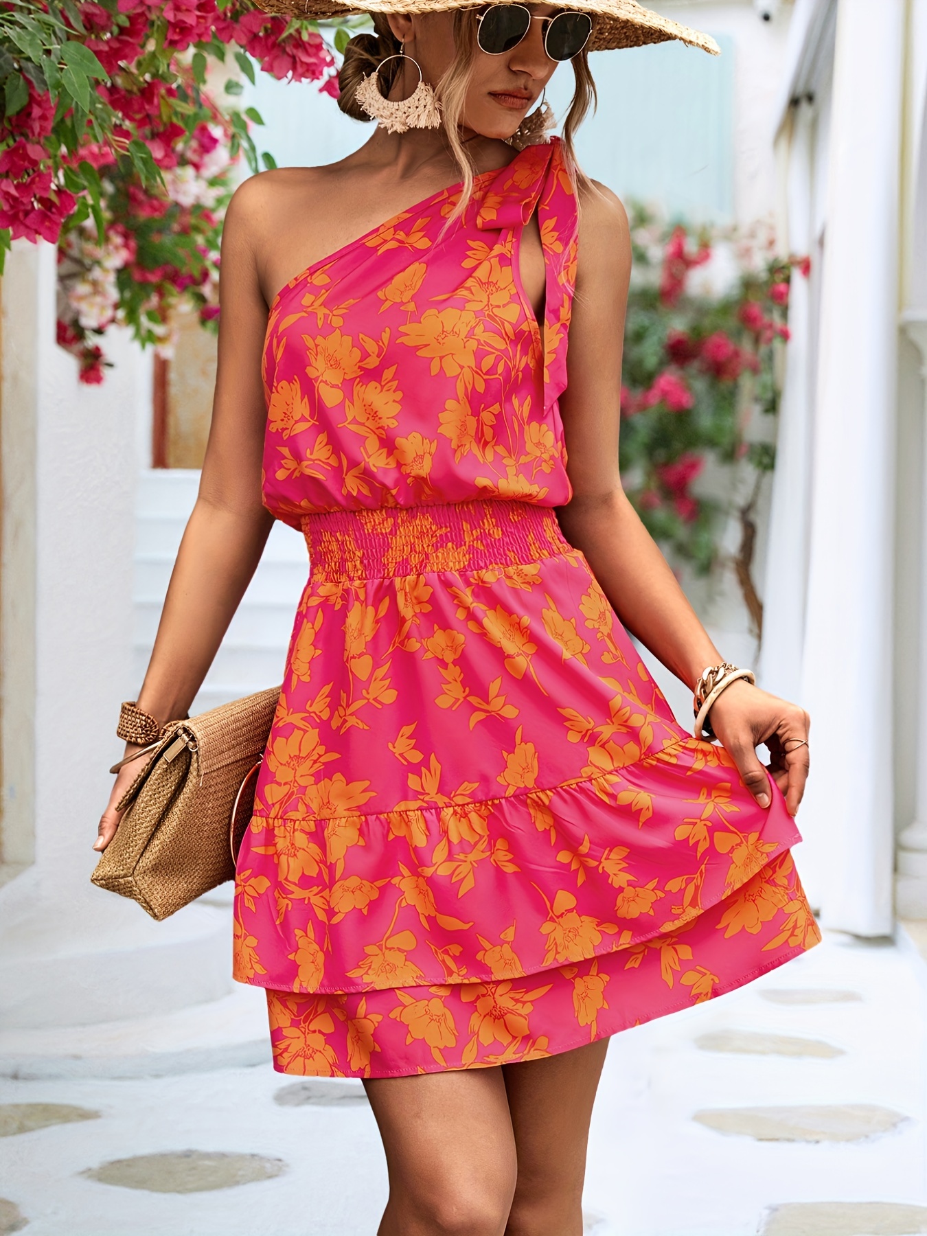 floral print one shoulder dress boho knotted shirred waist layered dress womens clothing details 7