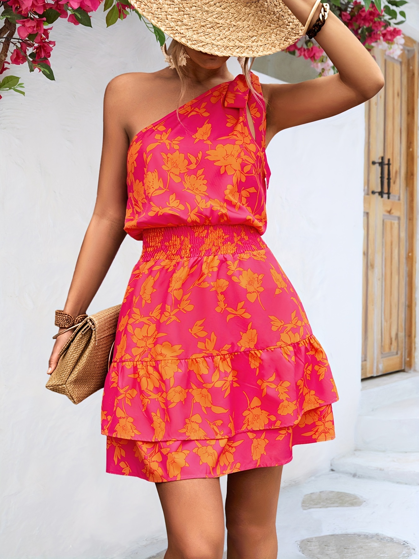 floral print one shoulder dress boho knotted shirred waist layered dress womens clothing details 8