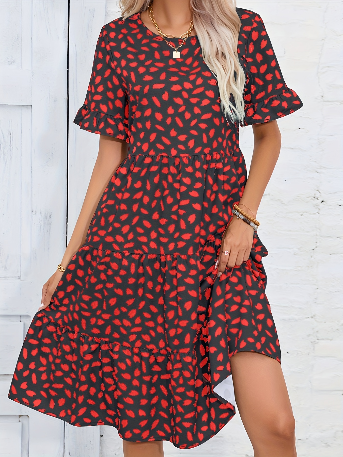 full printed ruffle trim dress casual ruched crew neck short sleeve dress womens clothing details 0