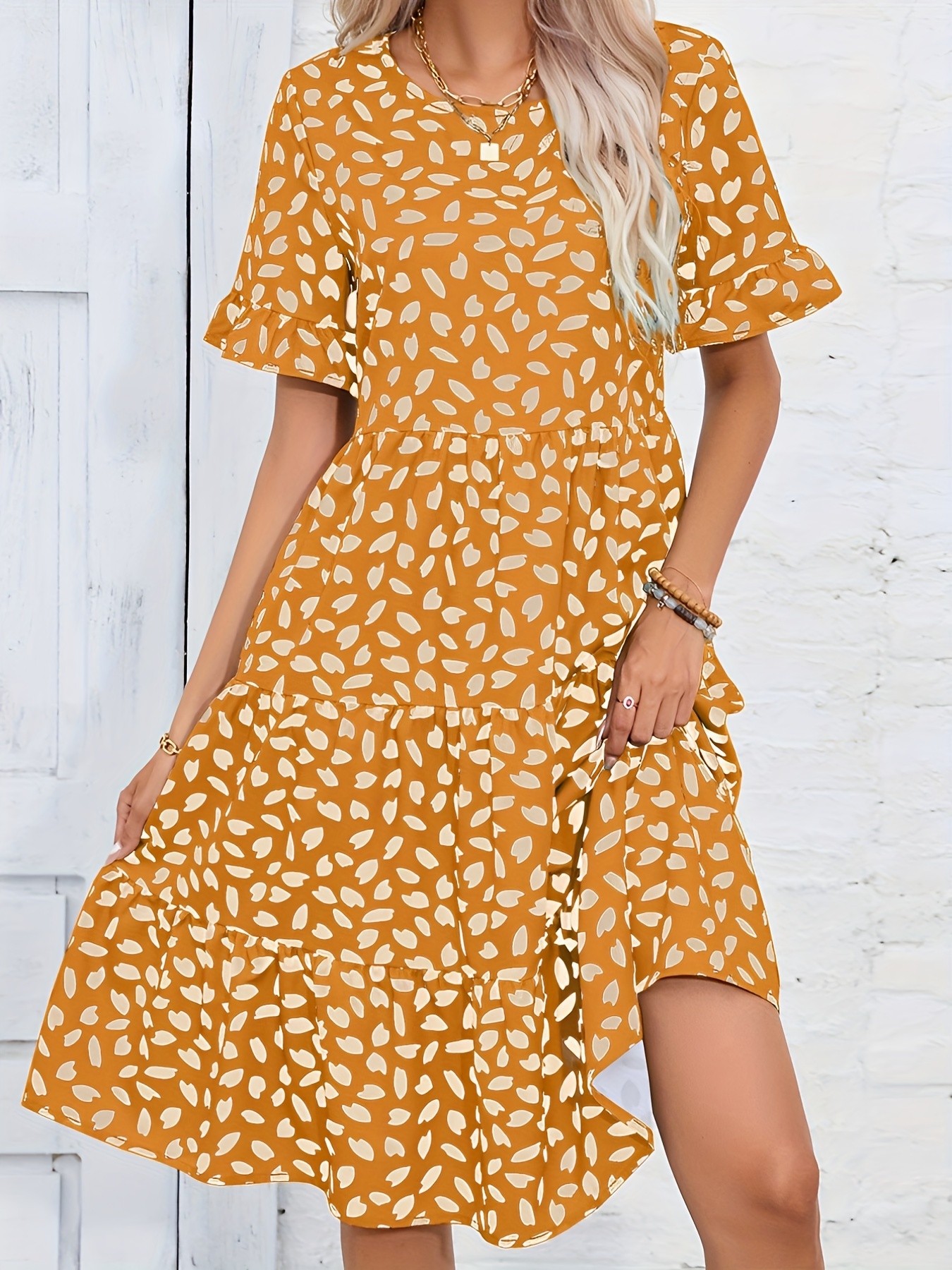 full printed ruffle trim dress casual ruched crew neck short sleeve dress womens clothing details 15