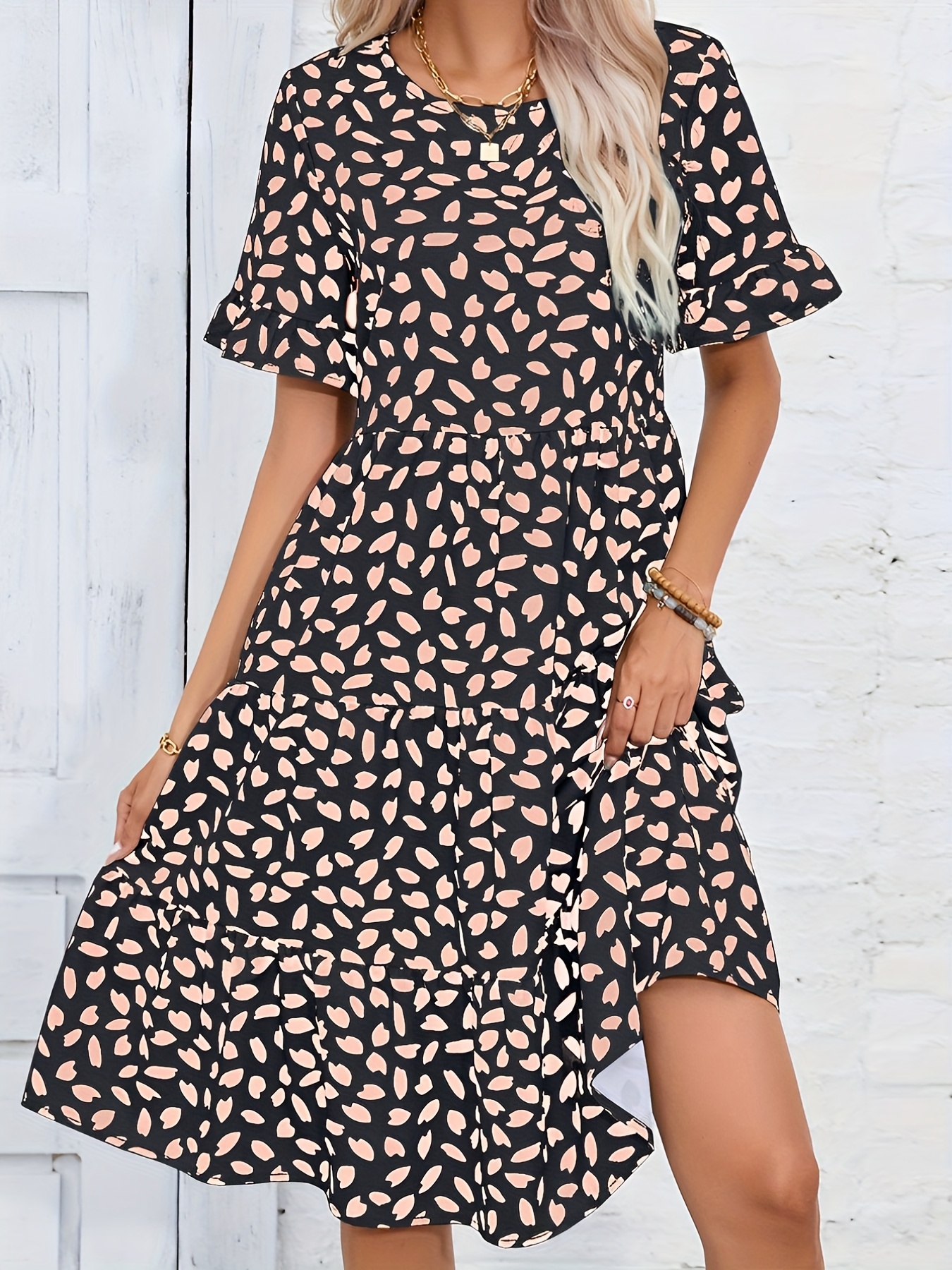 full printed ruffle trim dress casual ruched crew neck short sleeve dress womens clothing details 25