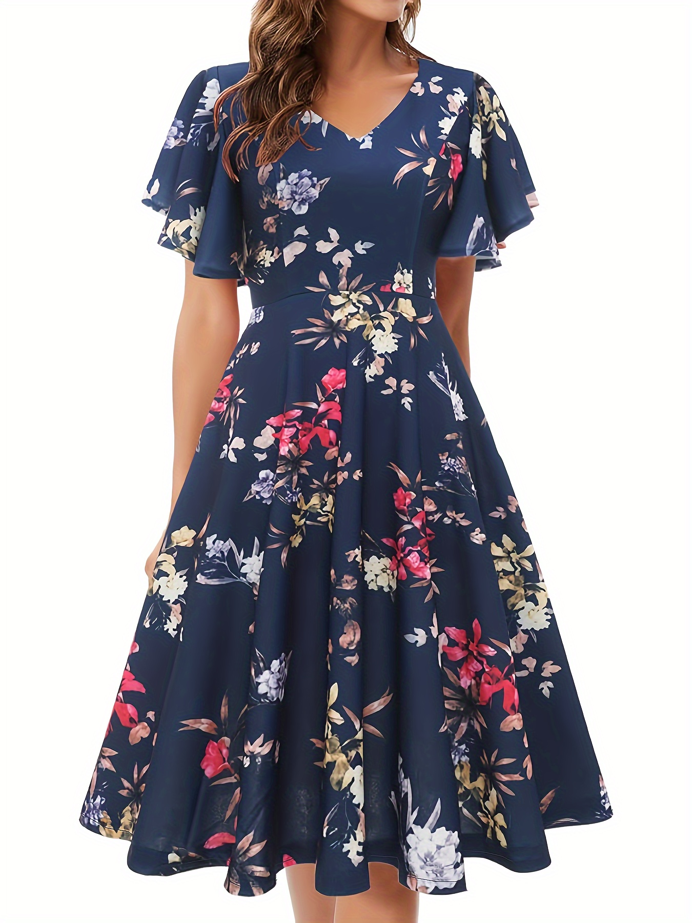 floral print flutter sleeve dress casual v neck dress for spring summer womens clothing details 4