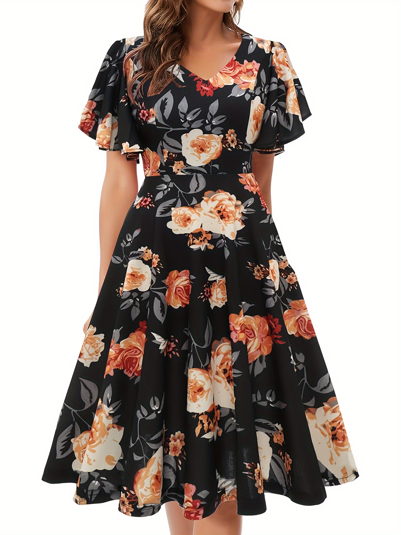 floral print flutter sleeve dress casual v neck dress for spring summer womens clothing details 7