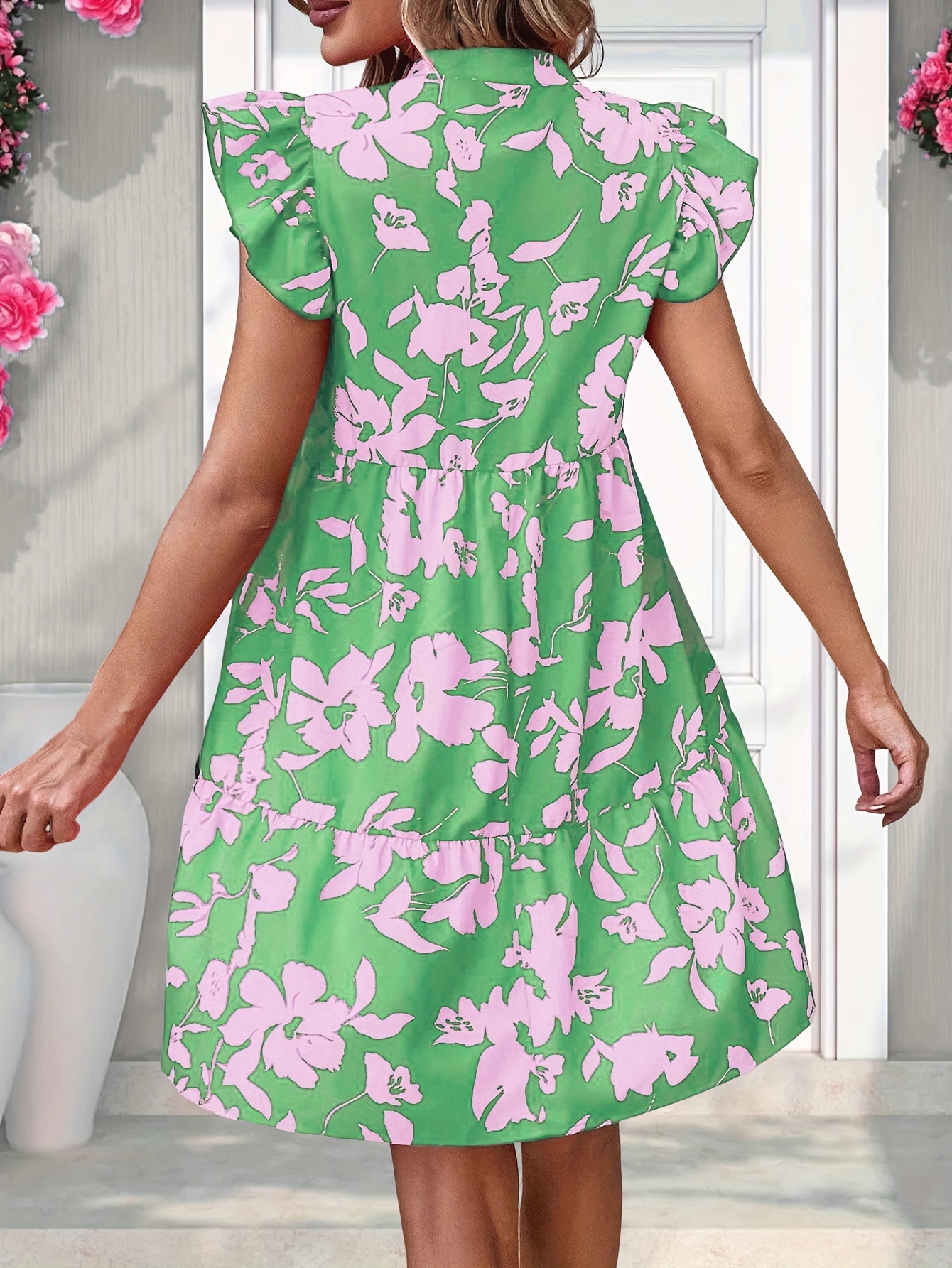 floral print v neck dress elegant ruffle sleeve dress for spring summer womens clothing details 7