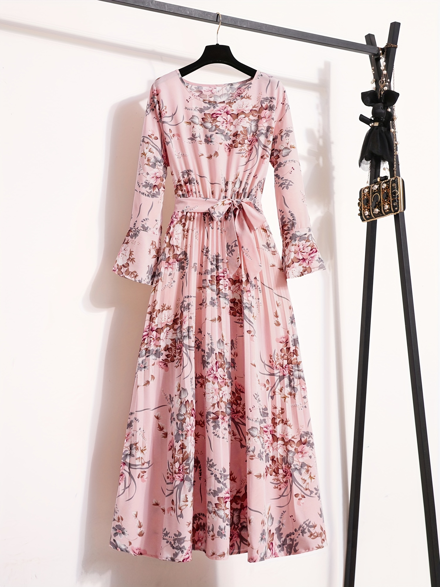 floral print pleated dress crew neck elegant long sleeve maxi dress womens clothing details 0