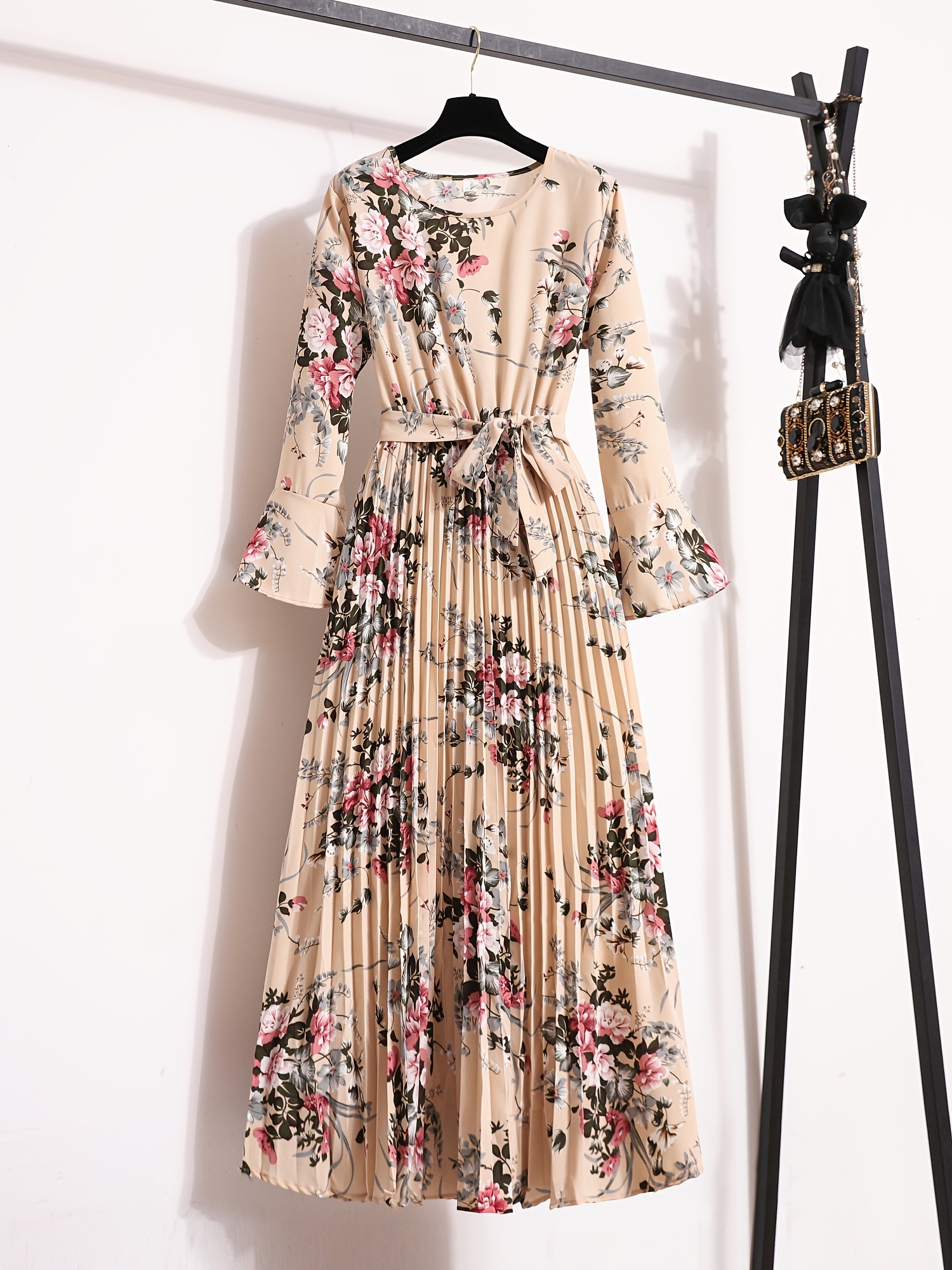 floral print pleated dress crew neck elegant long sleeve maxi dress womens clothing details 2