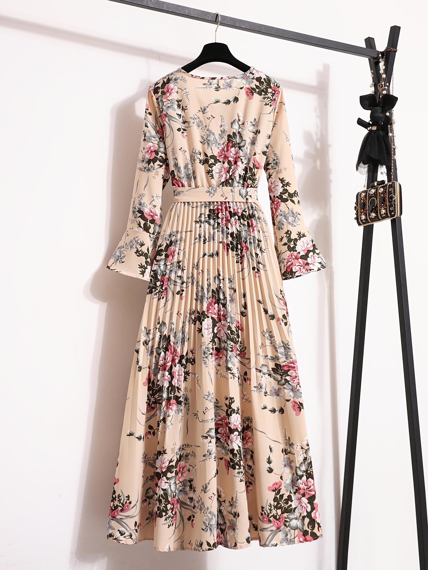 floral print pleated dress crew neck elegant long sleeve maxi dress womens clothing details 3