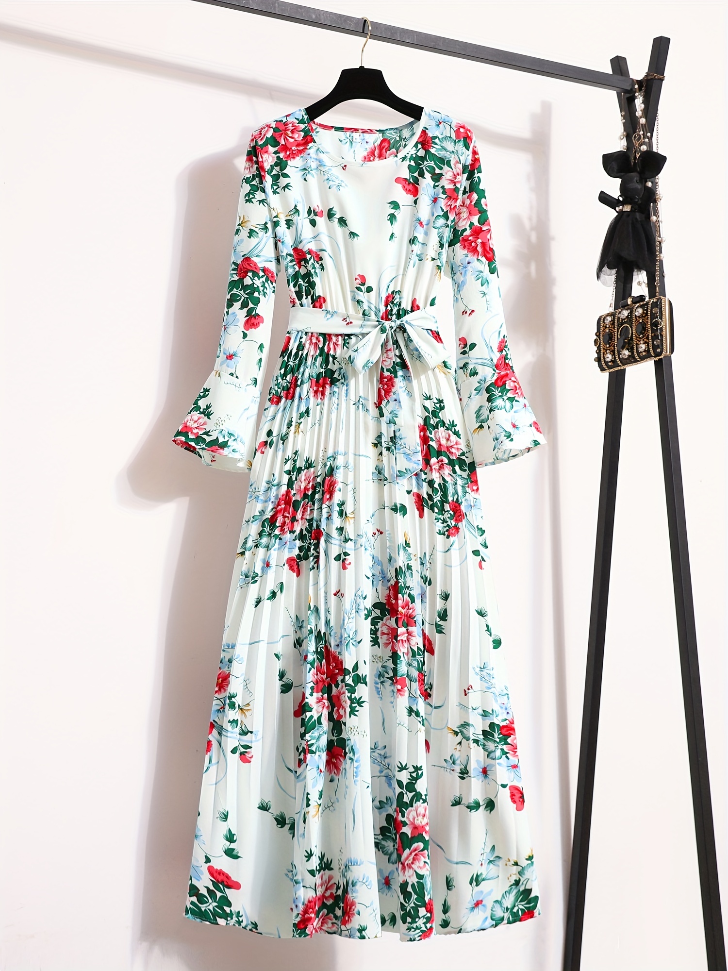 floral print pleated dress crew neck elegant long sleeve maxi dress womens clothing details 4