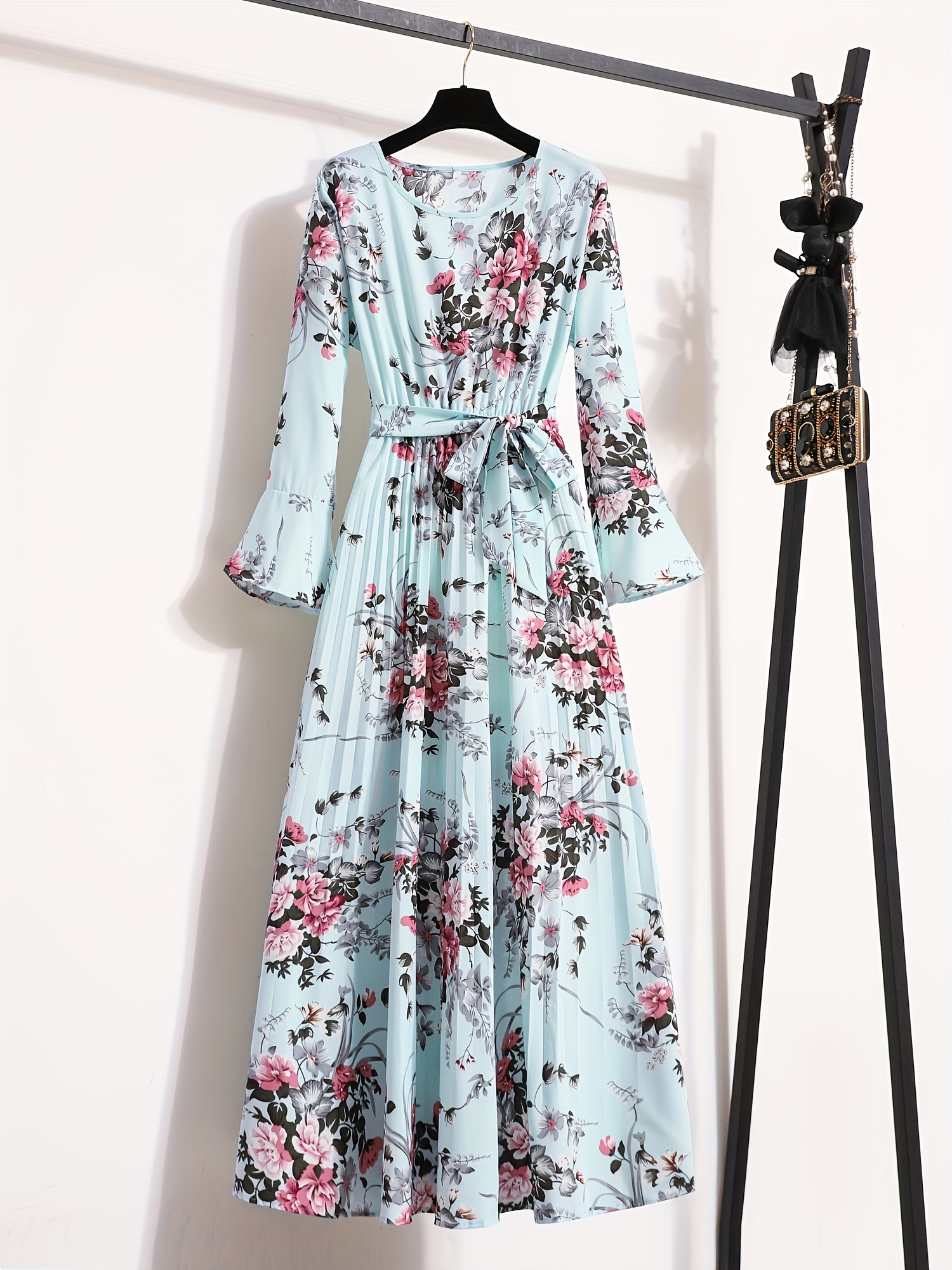 floral print pleated dress crew neck elegant long sleeve maxi dress womens clothing details 6