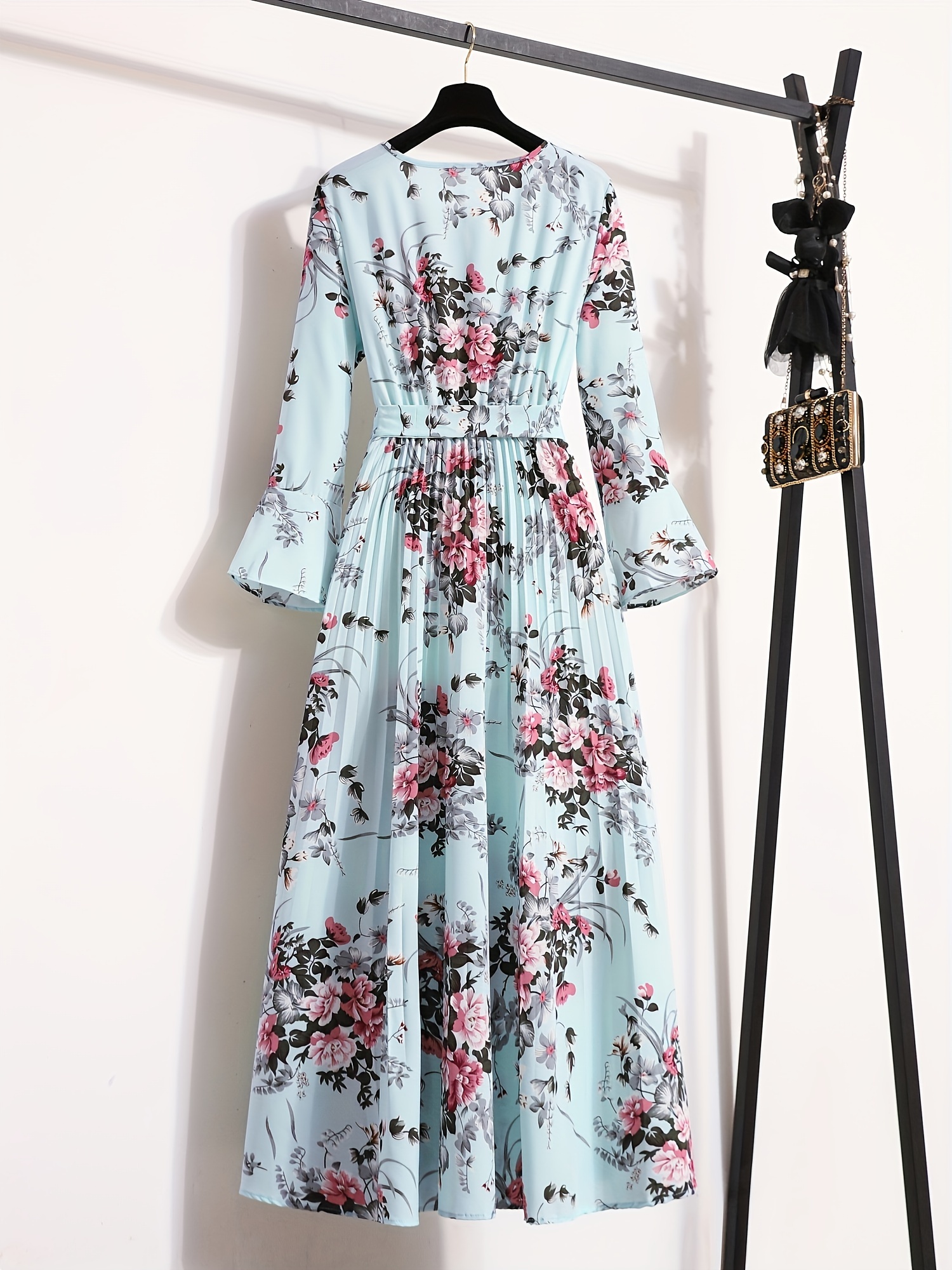 floral print pleated dress crew neck elegant long sleeve maxi dress womens clothing details 7