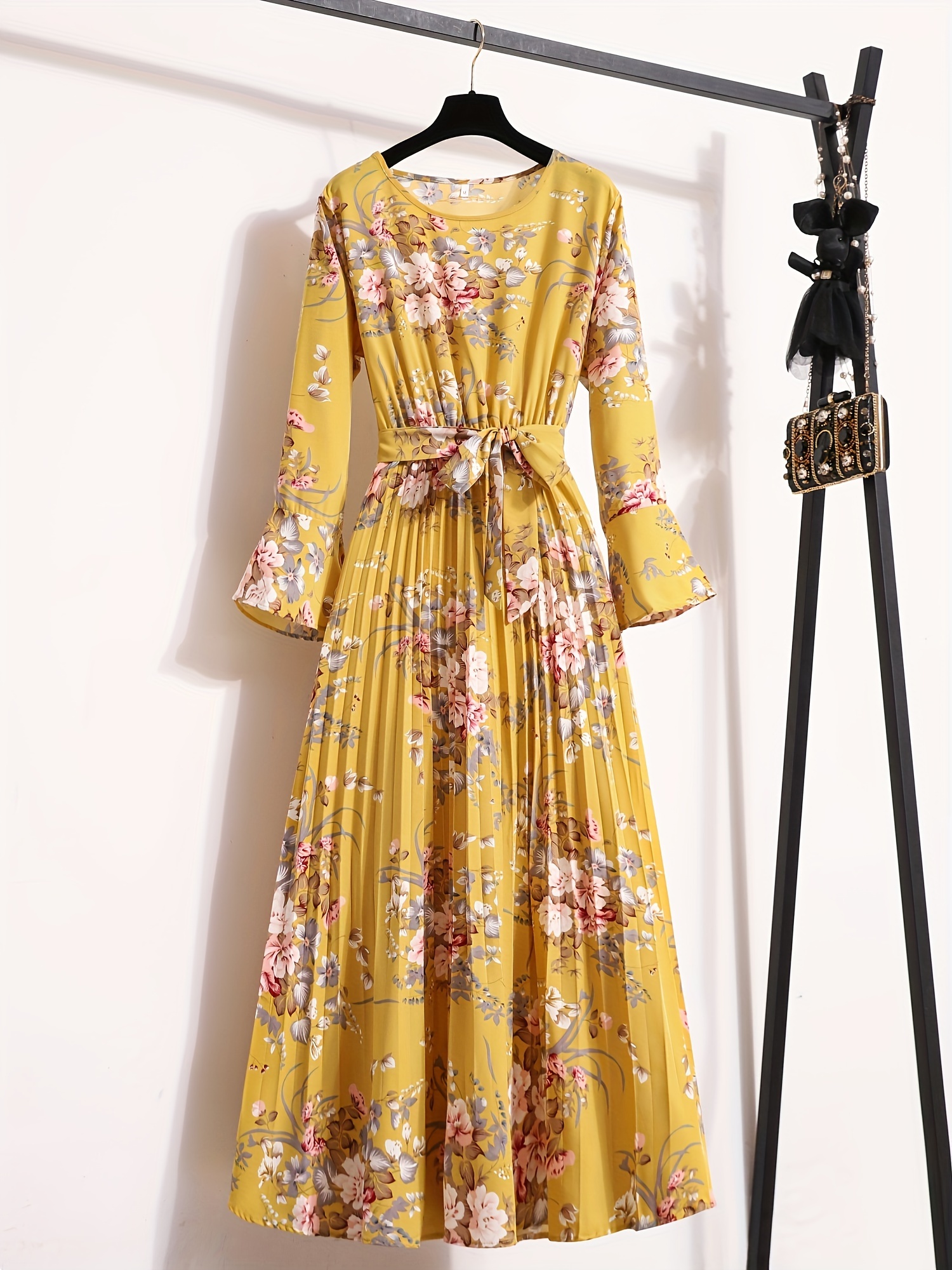 floral print pleated dress crew neck elegant long sleeve maxi dress womens clothing details 8