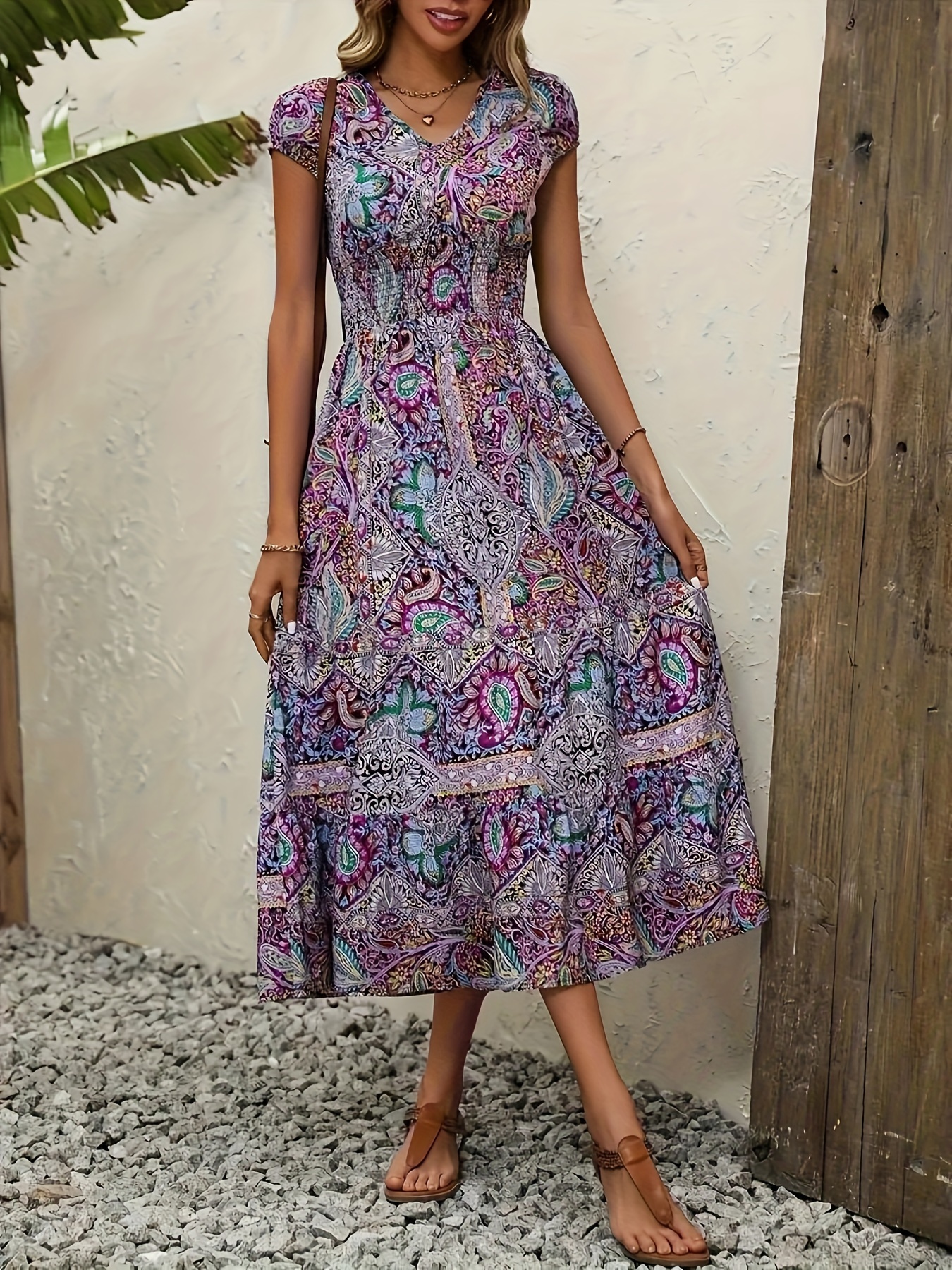 paisley print v neck dress elegant short sleeve shirred waist dress for spring summer womens clothing details 8