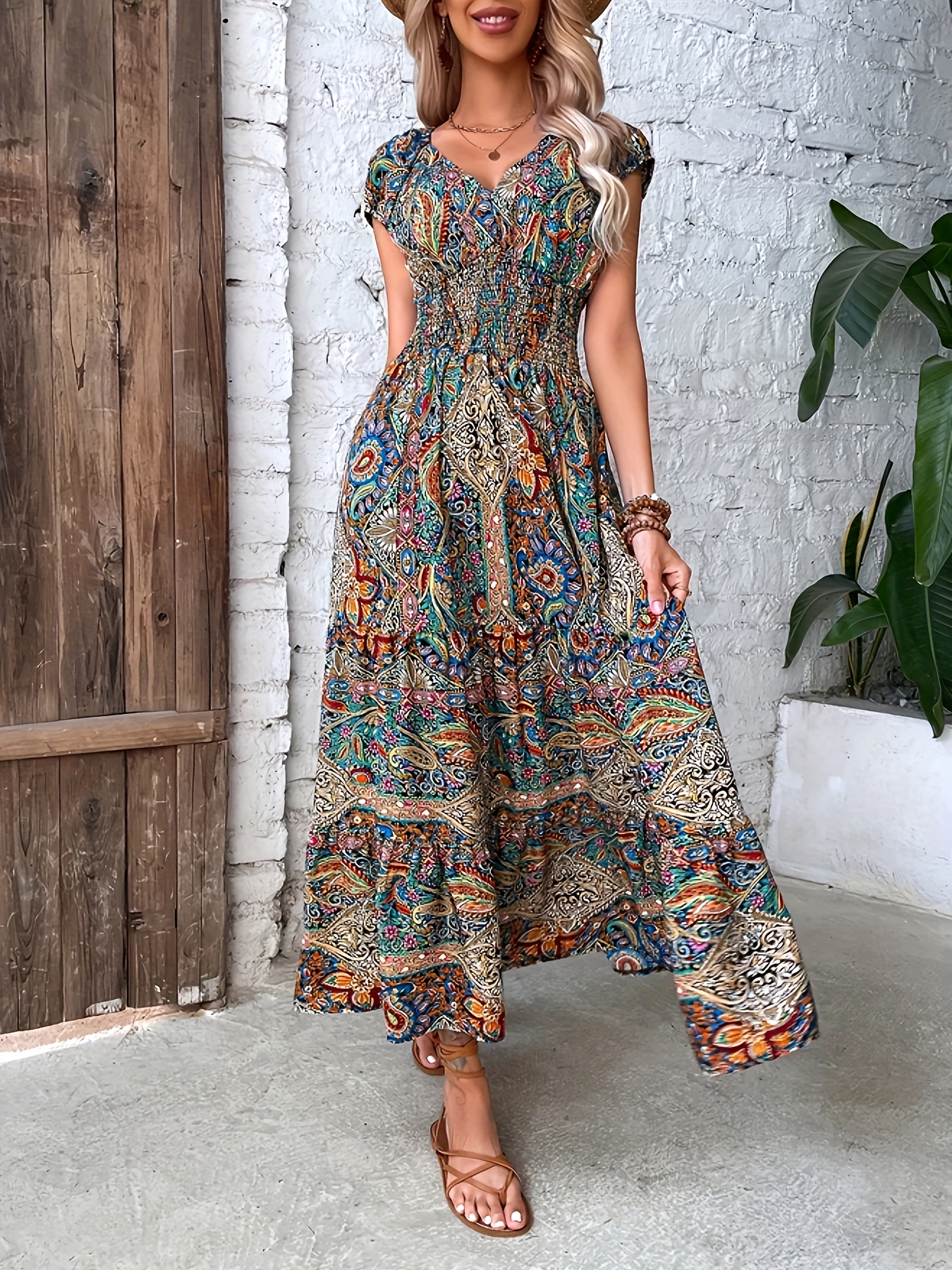 paisley print v neck dress elegant short sleeve shirred waist dress for spring summer womens clothing details 10