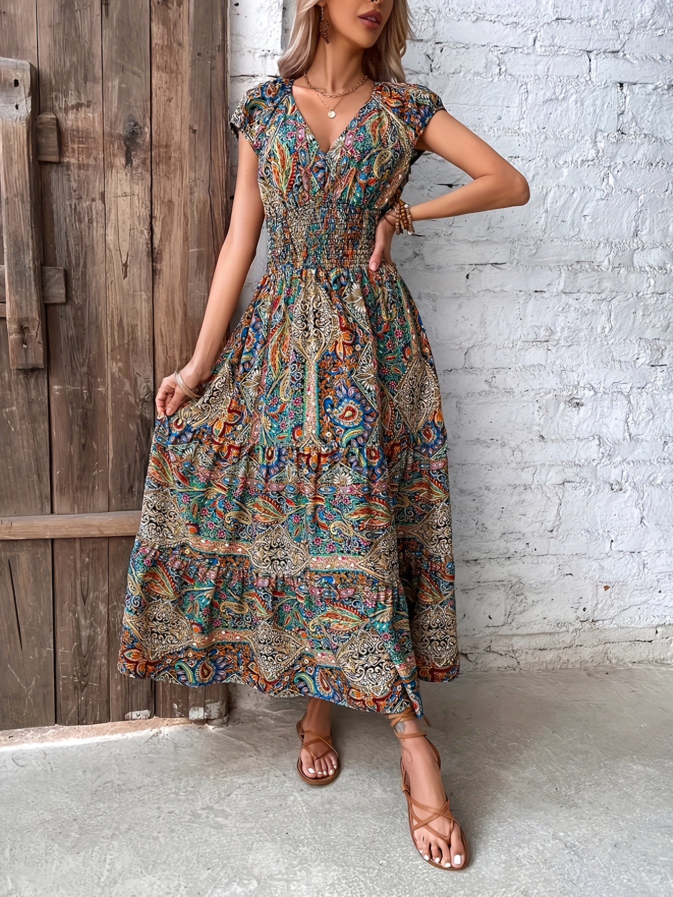 paisley print v neck dress elegant short sleeve shirred waist dress for spring summer womens clothing details 12