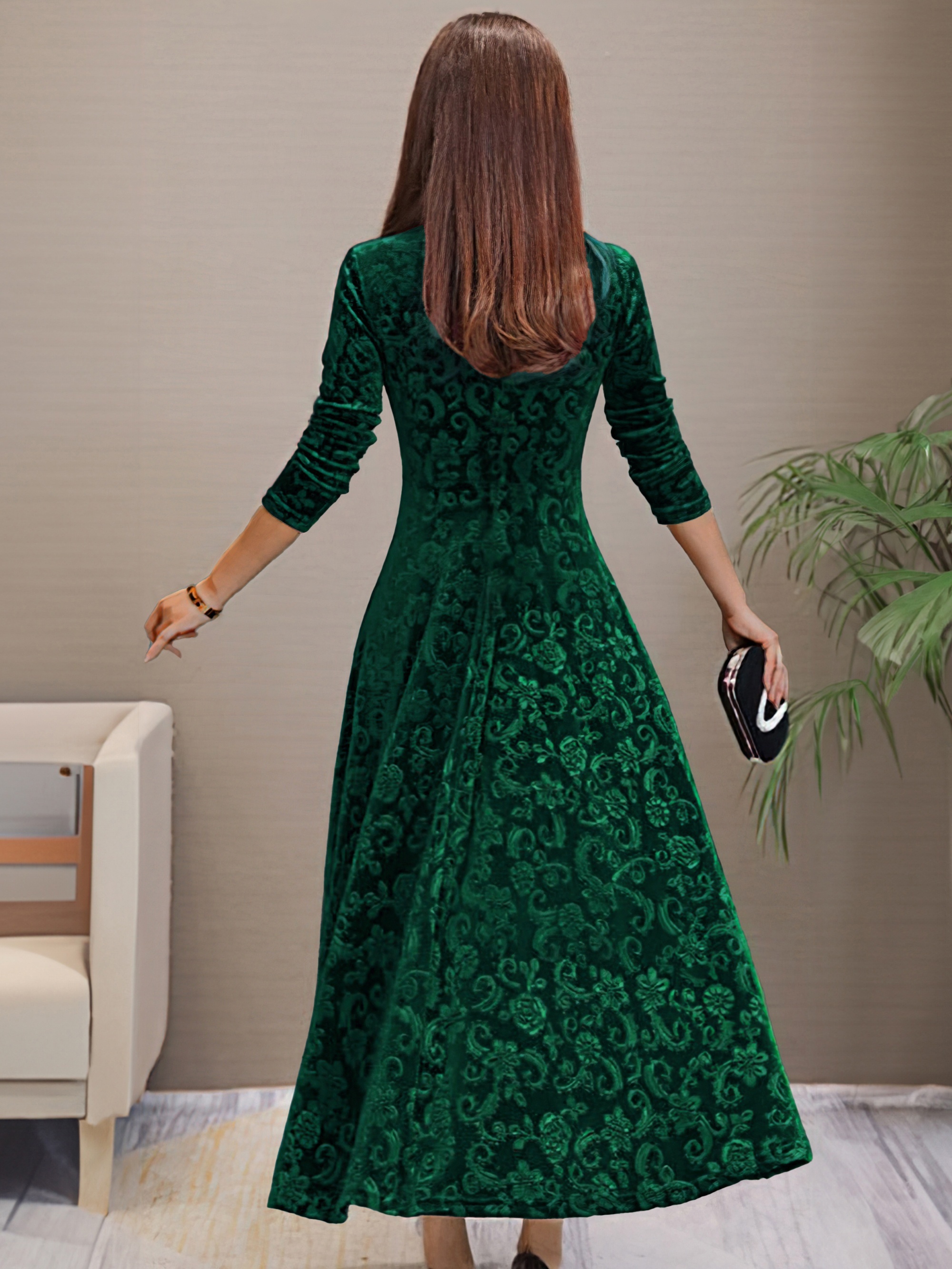 solid color long sleeve dress elegant v neck flared dress for spring fall womens clothing details 1