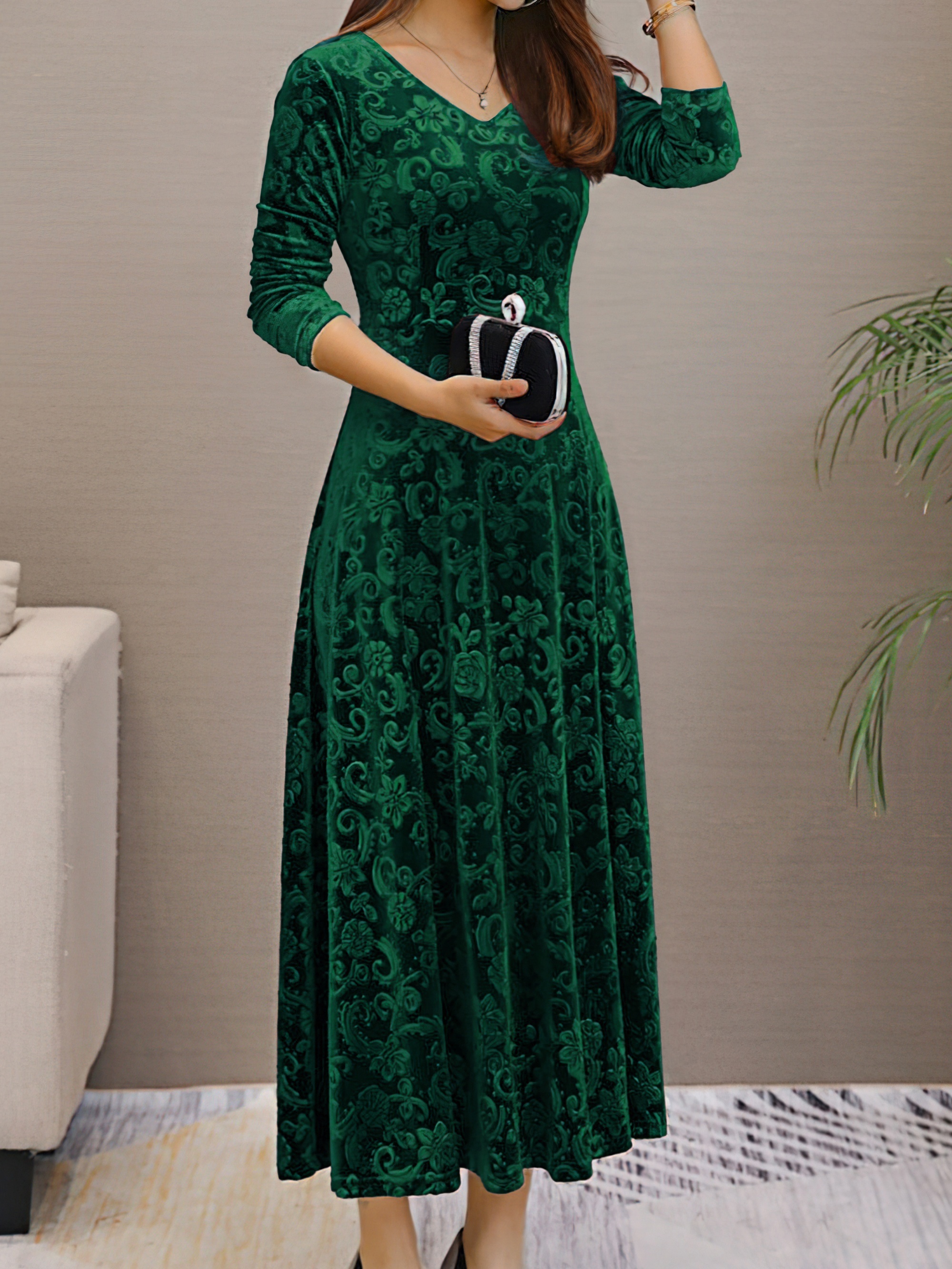 solid color long sleeve dress elegant v neck flared dress for spring fall womens clothing details 2