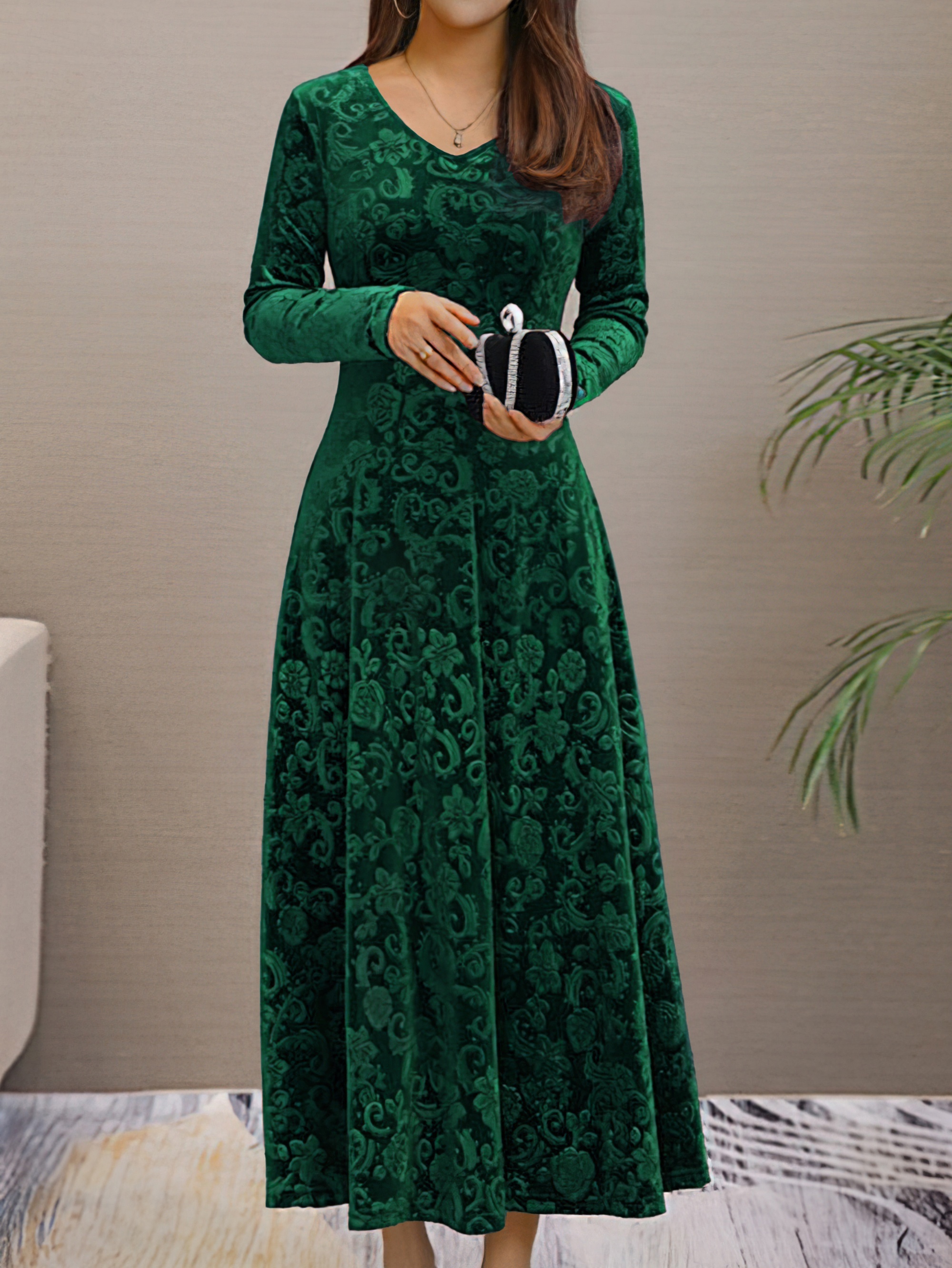 solid color long sleeve dress elegant v neck flared dress for spring fall womens clothing details 4