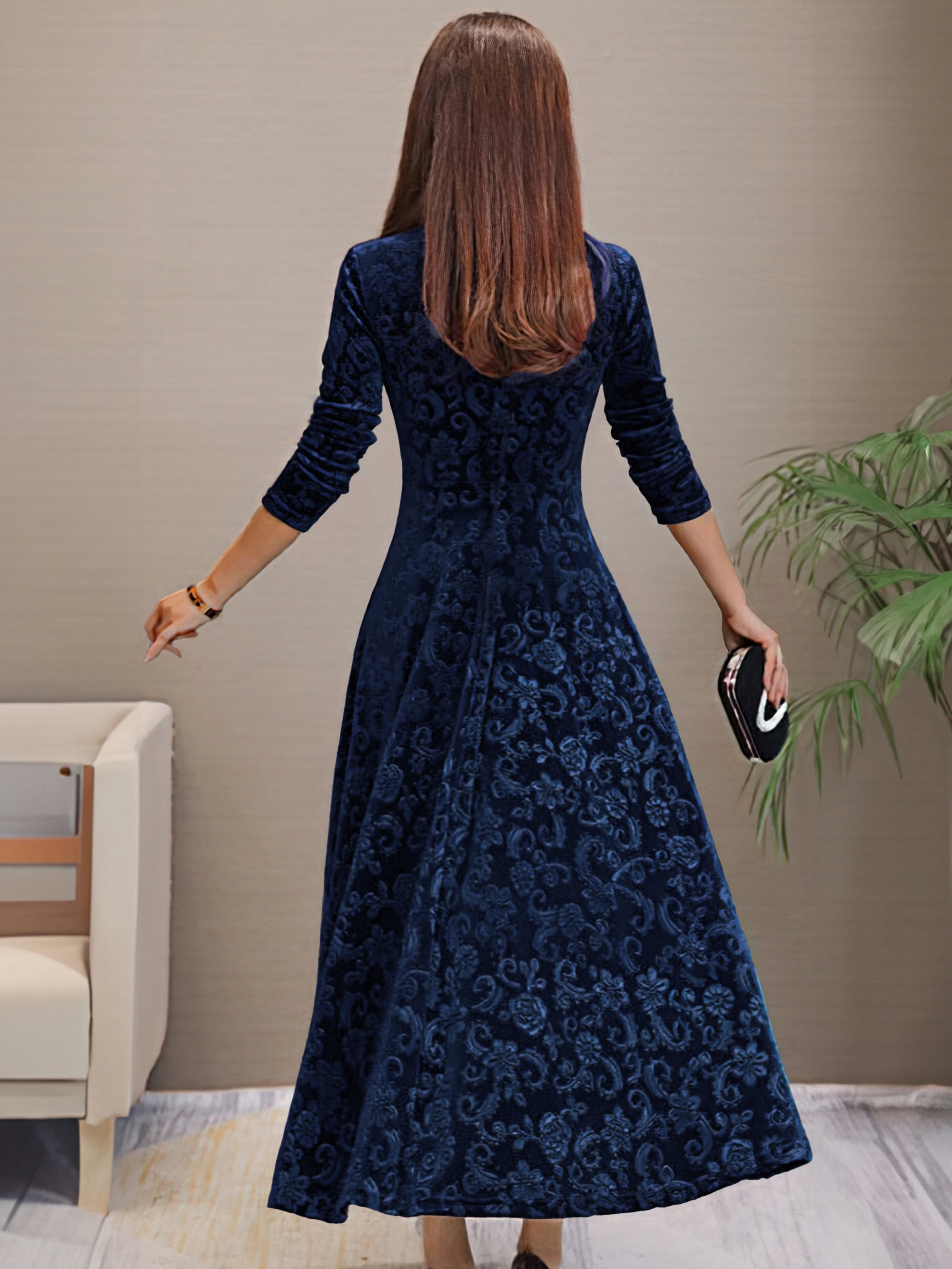 solid color long sleeve dress elegant v neck flared dress for spring fall womens clothing details 6