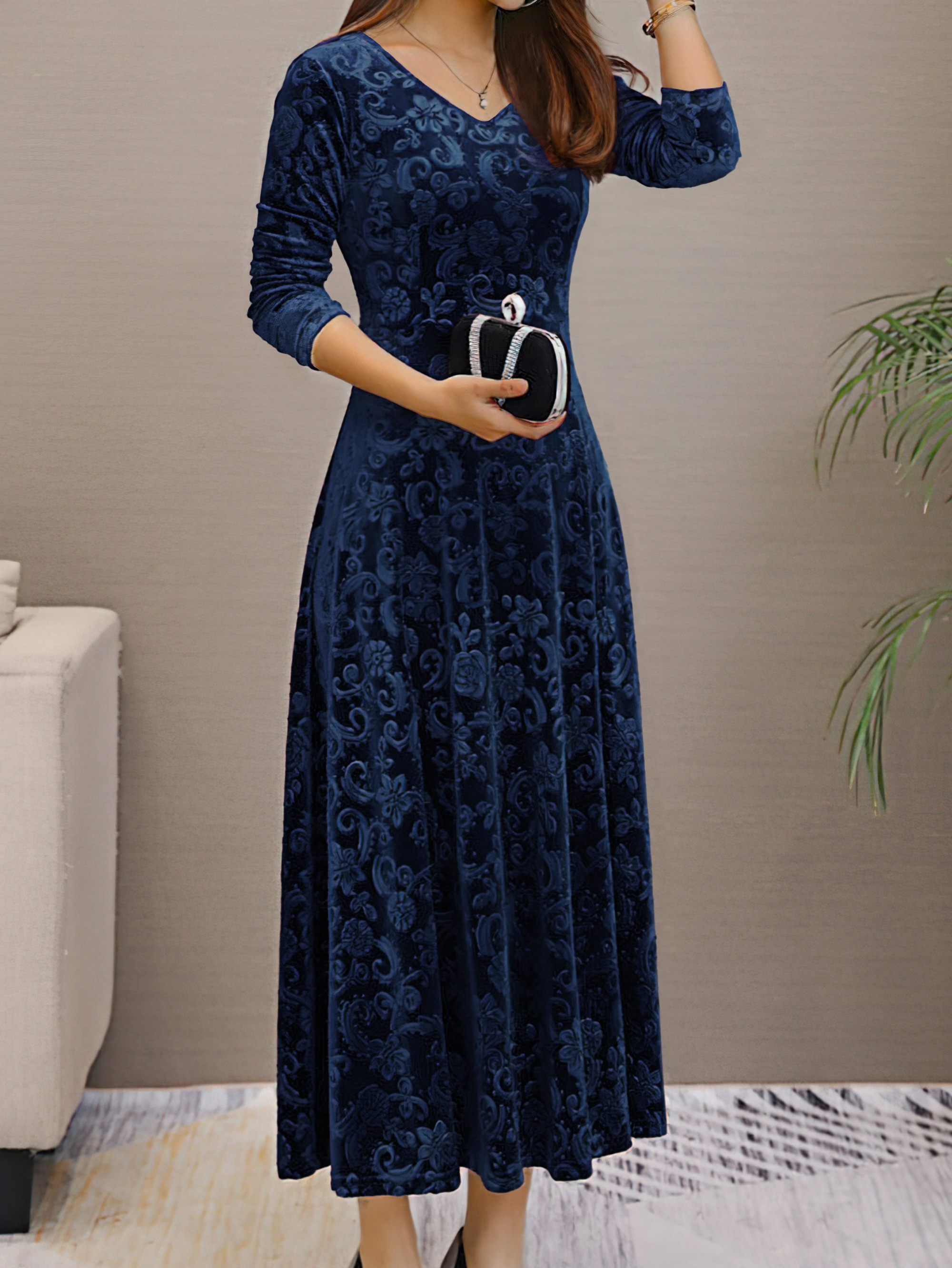 solid color long sleeve dress elegant v neck flared dress for spring fall womens clothing details 8