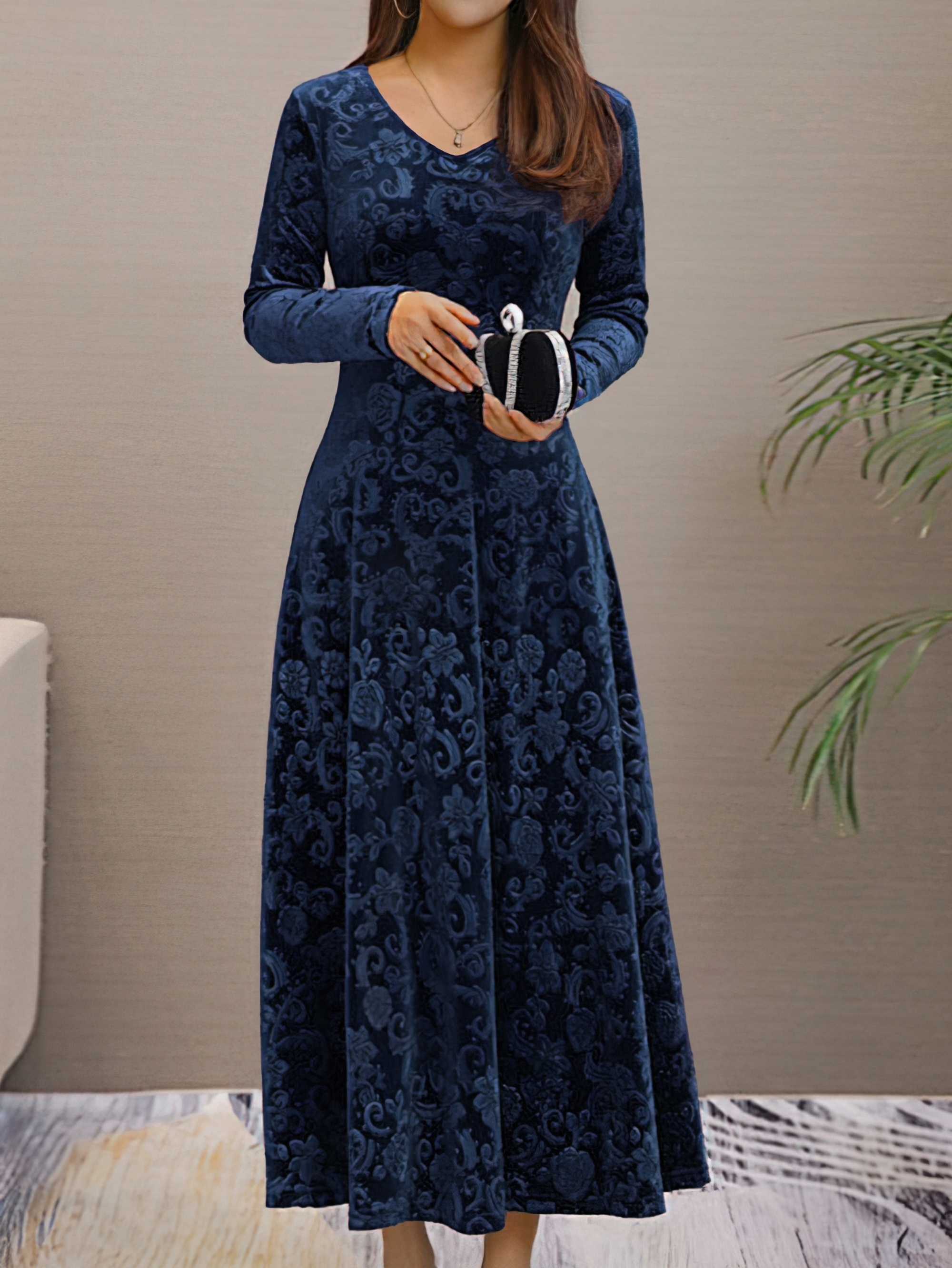 solid color long sleeve dress elegant v neck flared dress for spring fall womens clothing details 9