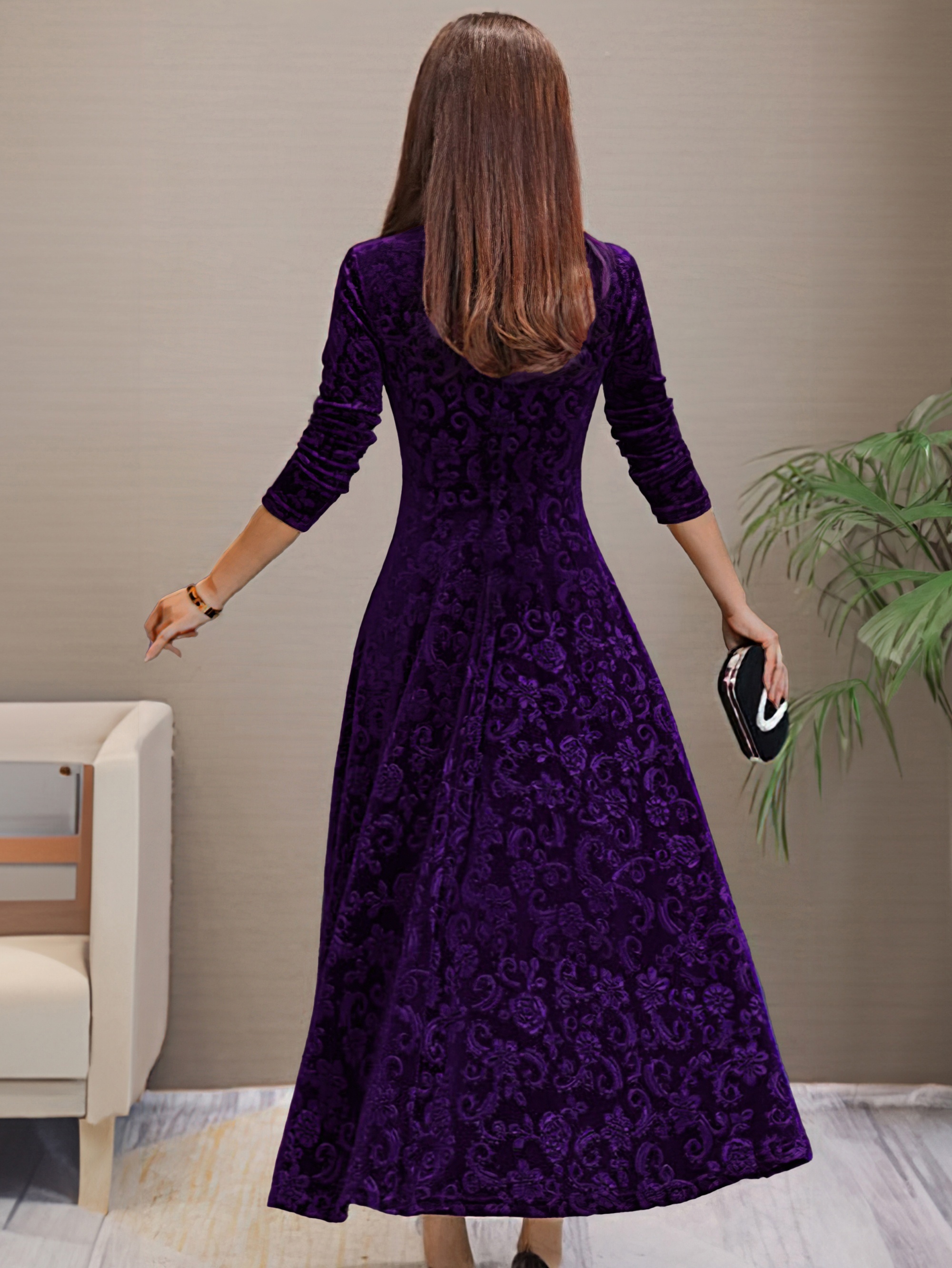 solid color long sleeve dress elegant v neck flared dress for spring fall womens clothing details 11