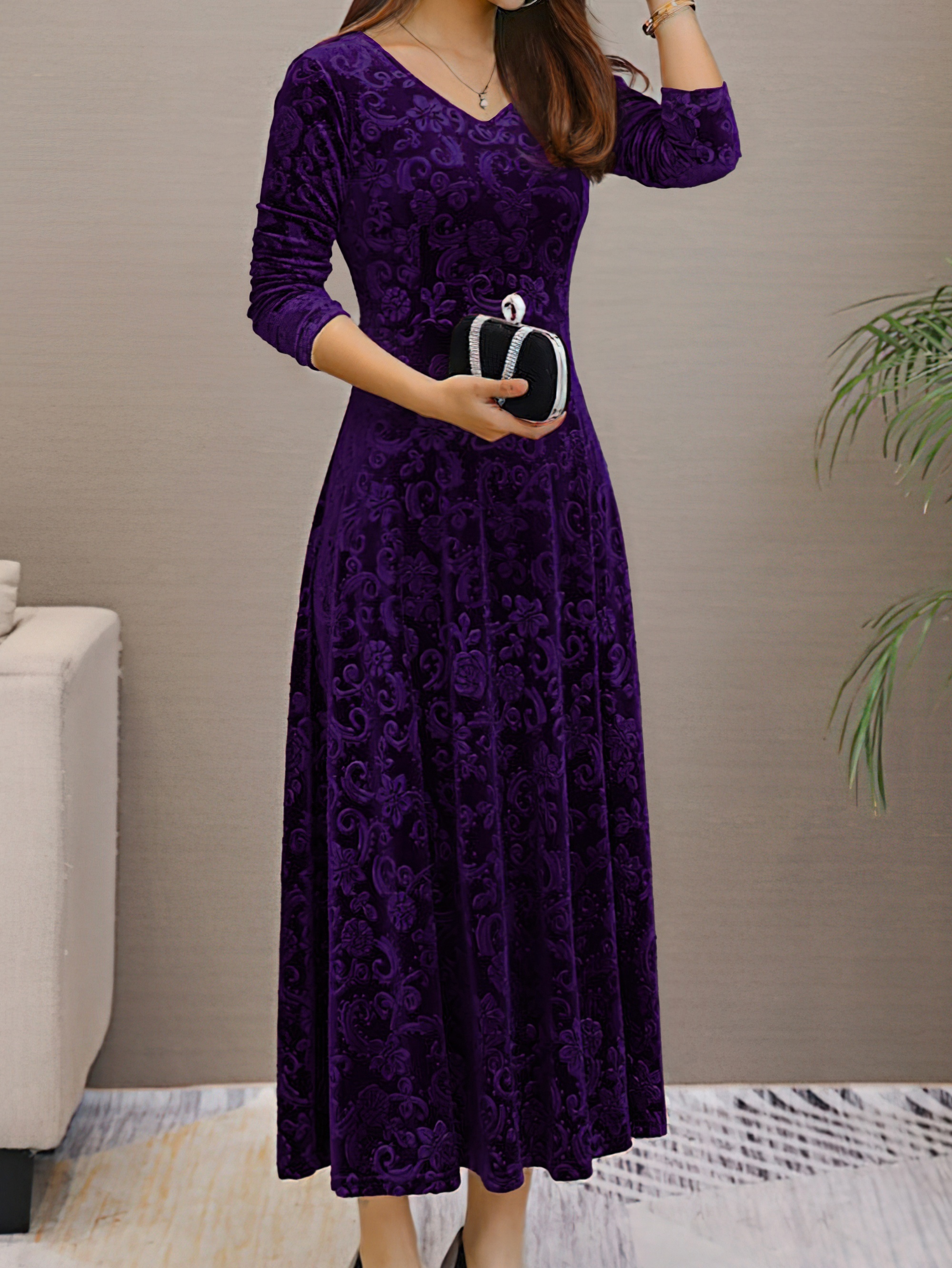 solid color long sleeve dress elegant v neck flared dress for spring fall womens clothing details 13