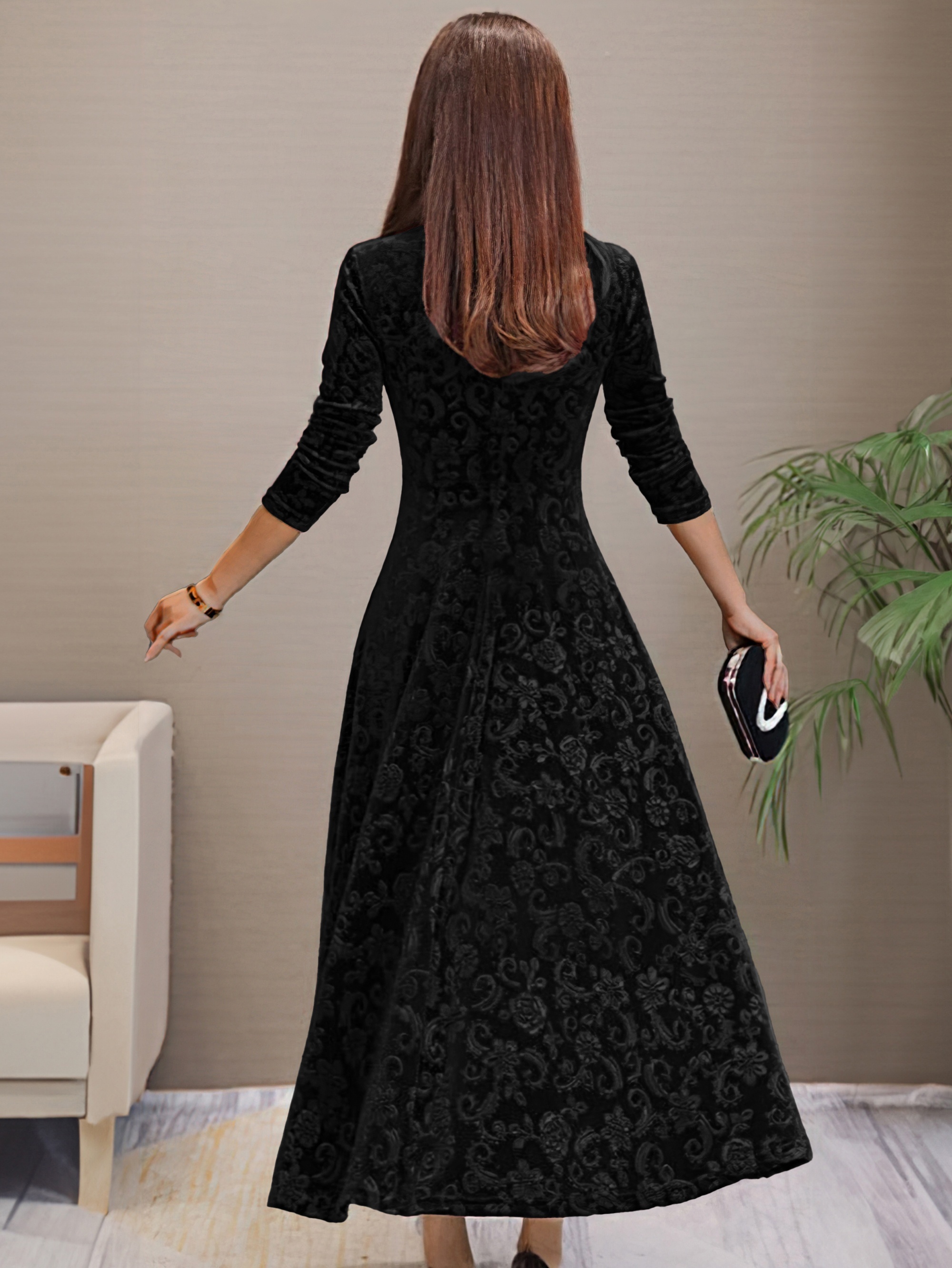 solid color long sleeve dress elegant v neck flared dress for spring fall womens clothing details 16