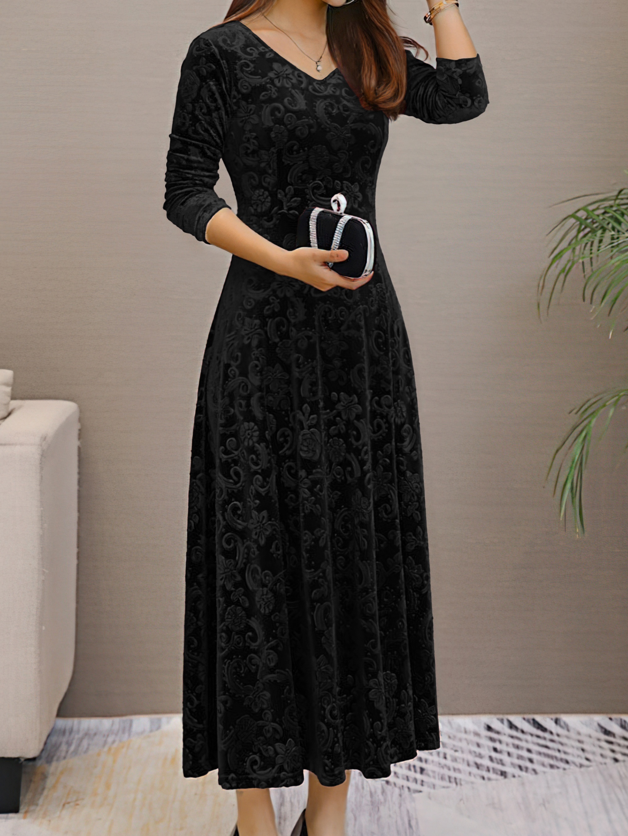 solid color long sleeve dress elegant v neck flared dress for spring fall womens clothing details 18