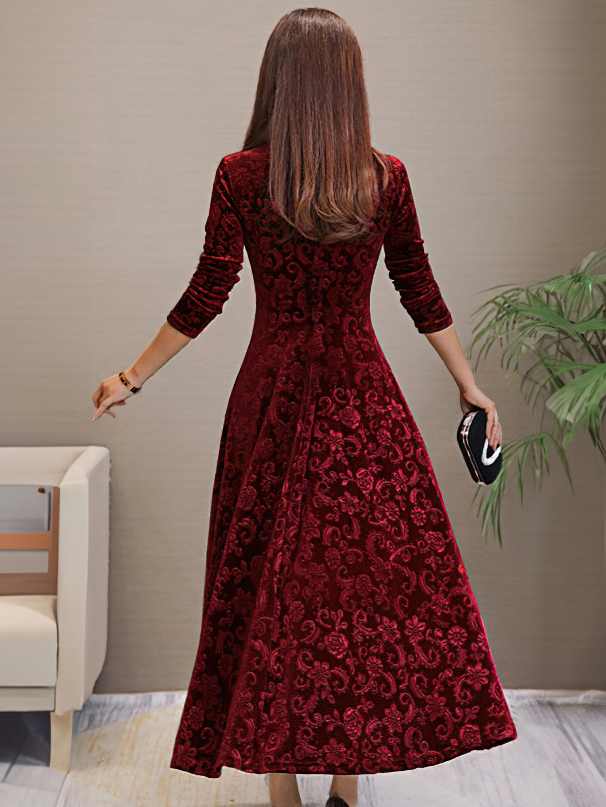 solid color long sleeve dress elegant v neck flared dress for spring fall womens clothing details 20