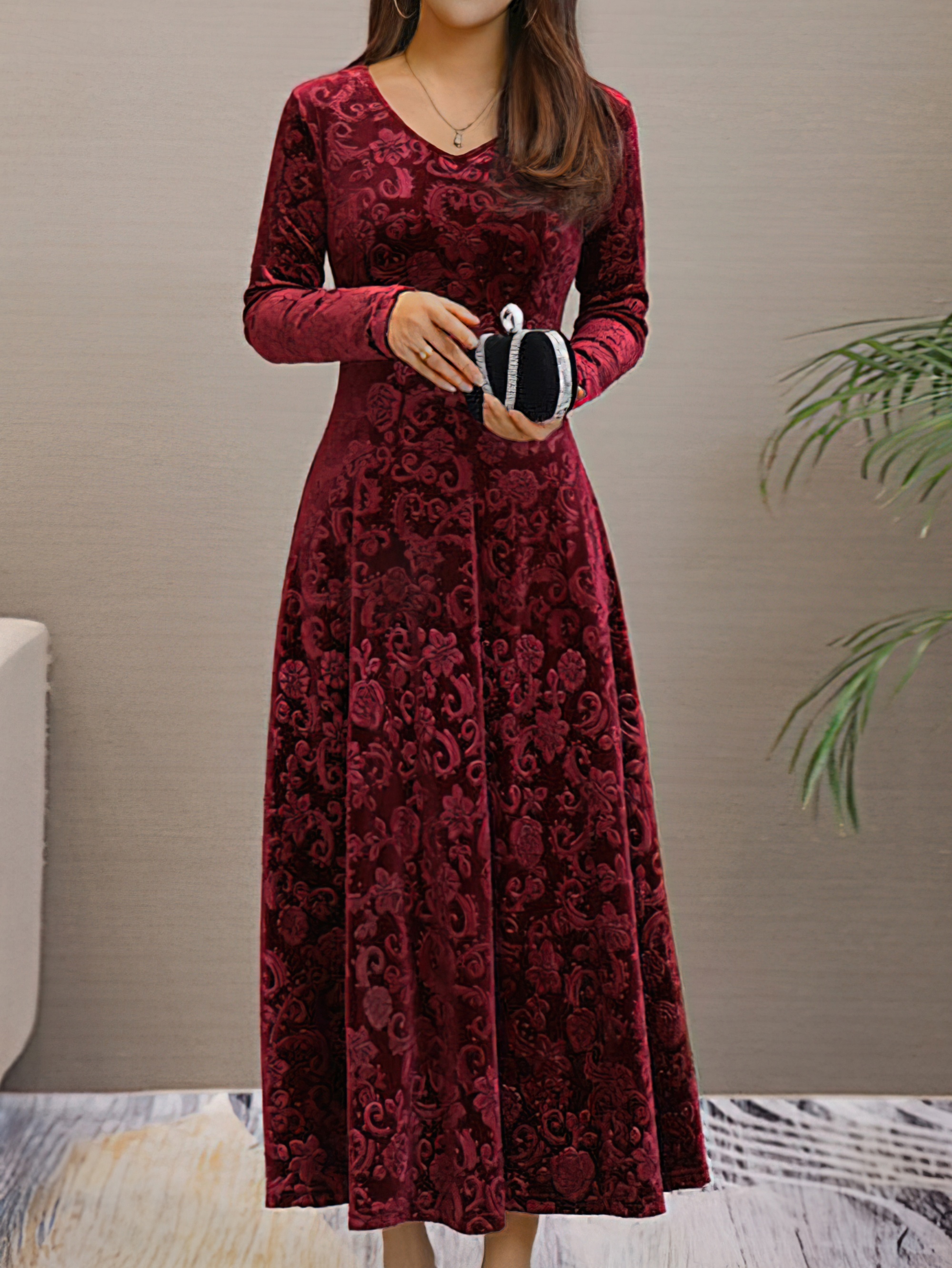 solid color long sleeve dress elegant v neck flared dress for spring fall womens clothing details 22