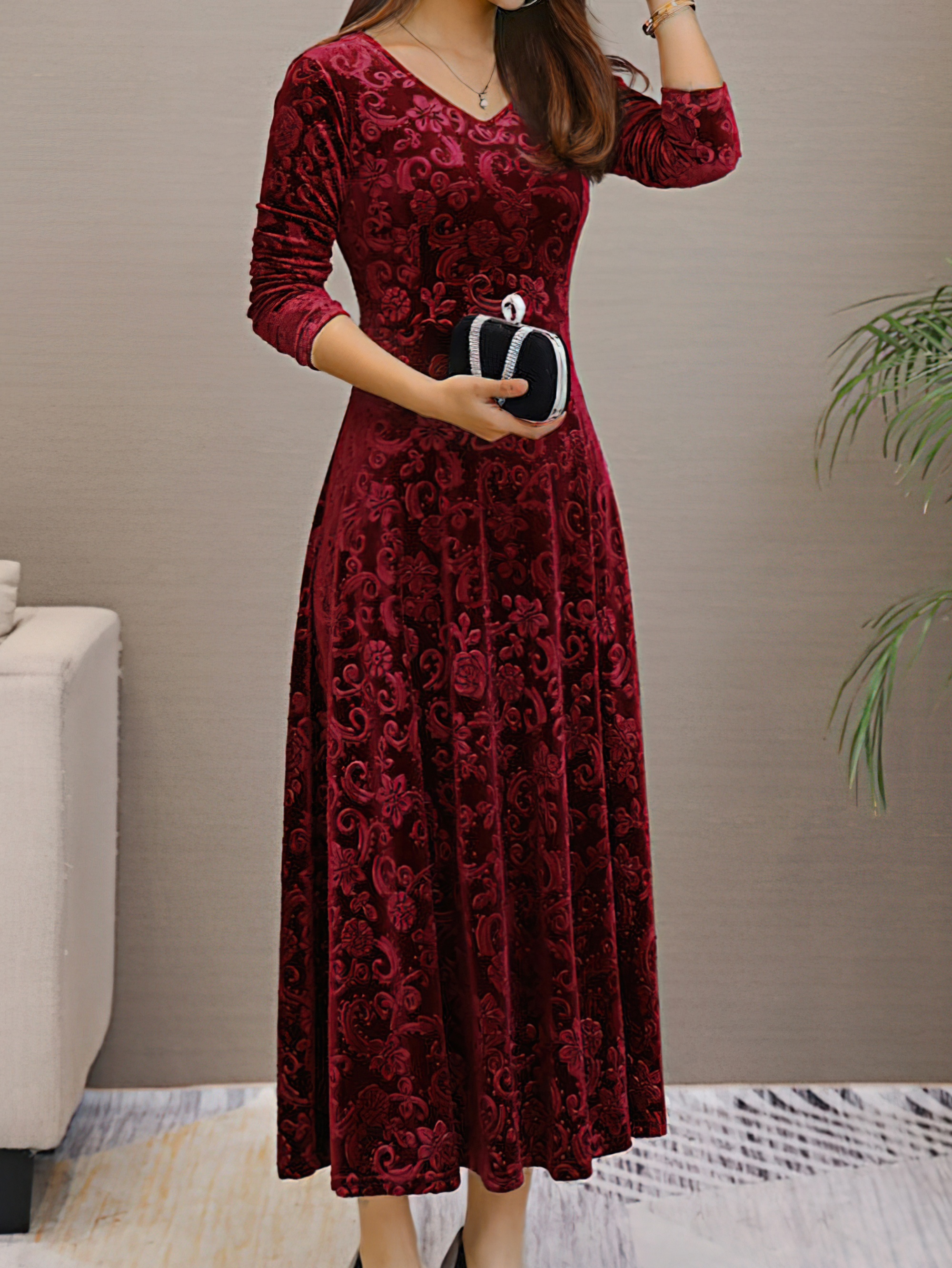 solid color long sleeve dress elegant v neck flared dress for spring fall womens clothing details 24