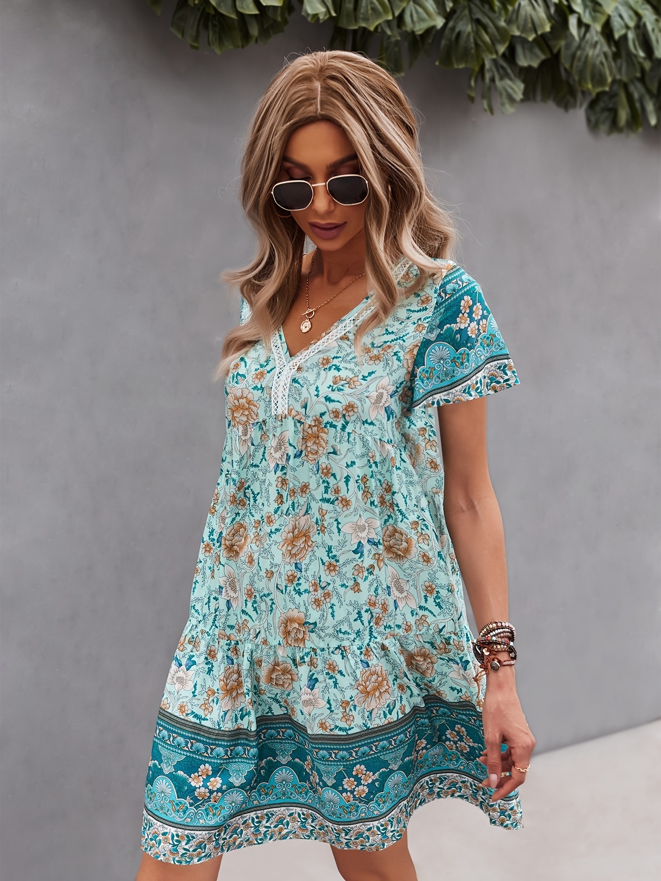 floral print v neck dress vintage short sleeve dress for spring summer womens clothing details 3