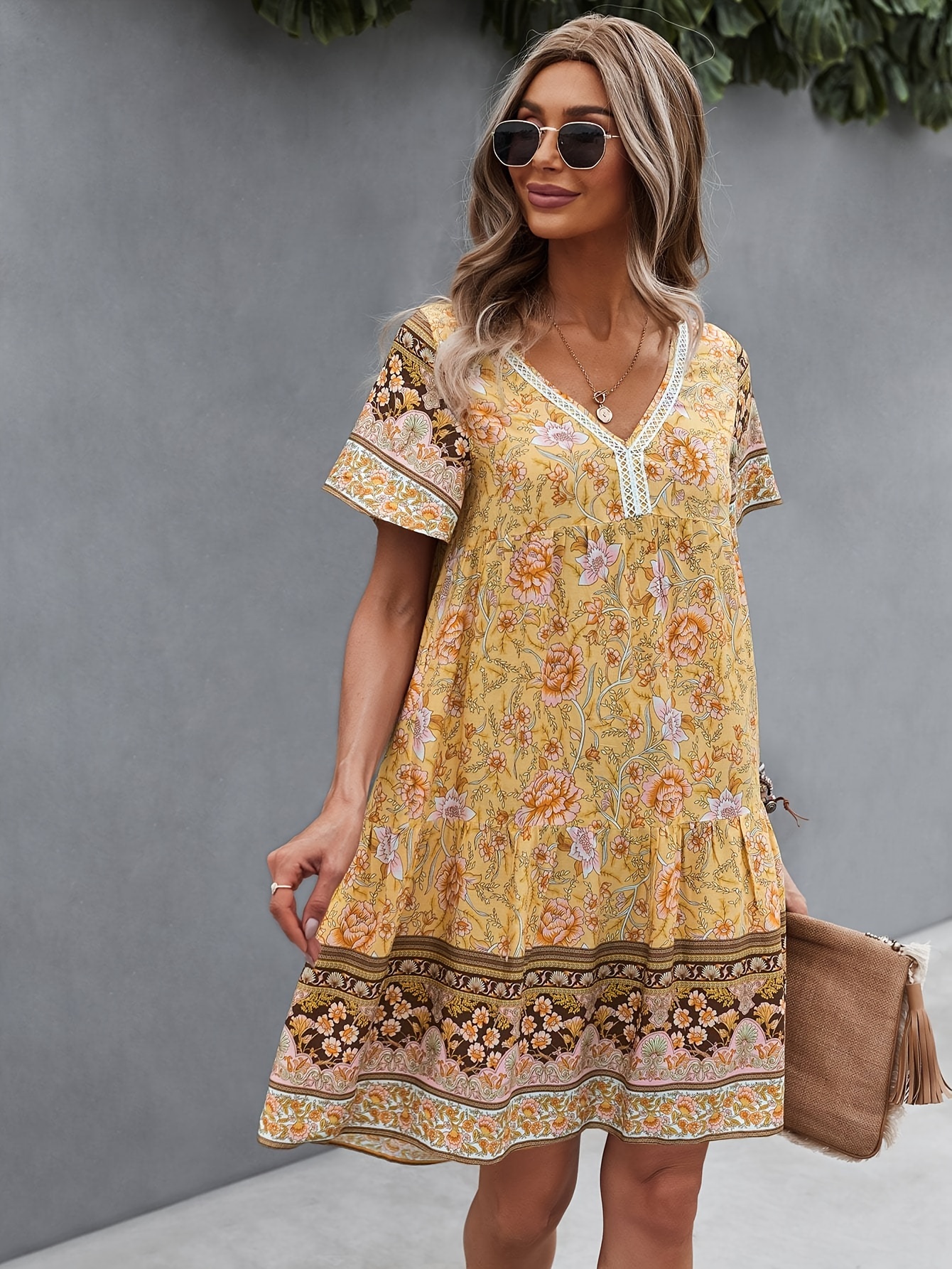 floral print v neck dress vintage short sleeve dress for spring summer womens clothing details 5