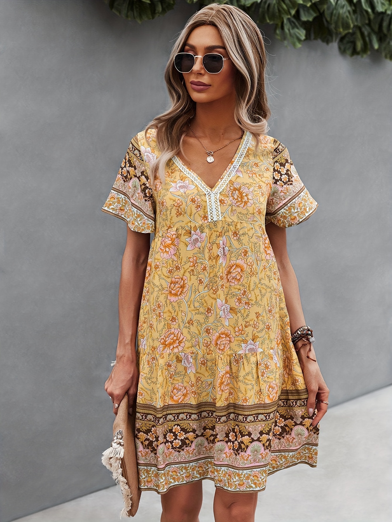 floral print v neck dress vintage short sleeve dress for spring summer womens clothing details 6