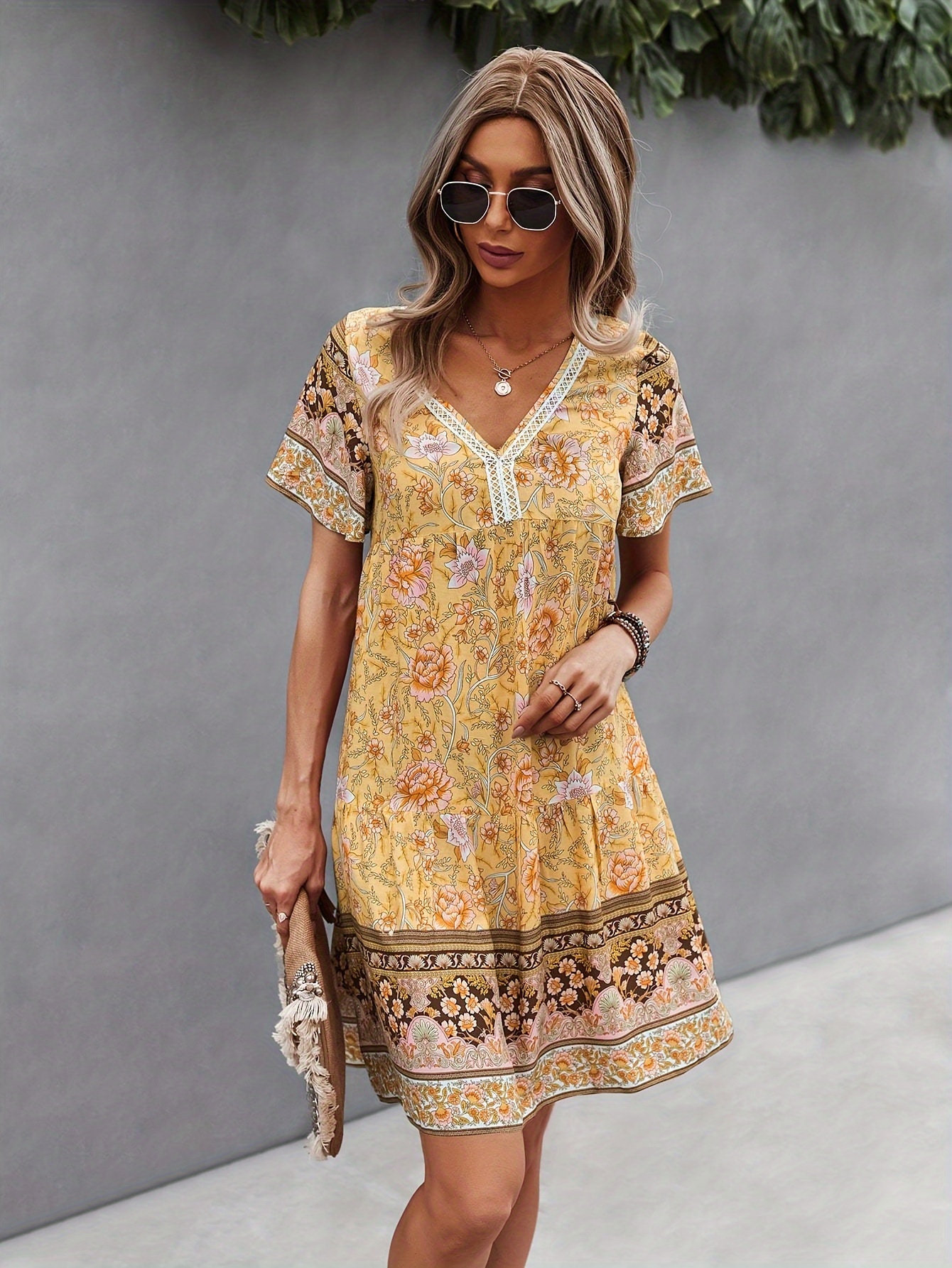 floral print v neck dress vintage short sleeve dress for spring summer womens clothing details 7