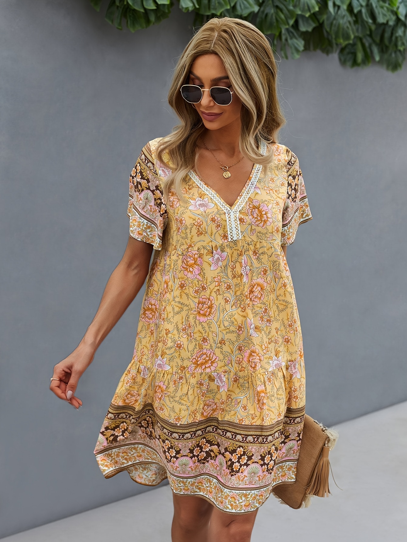 floral print v neck dress vintage short sleeve dress for spring summer womens clothing details 8