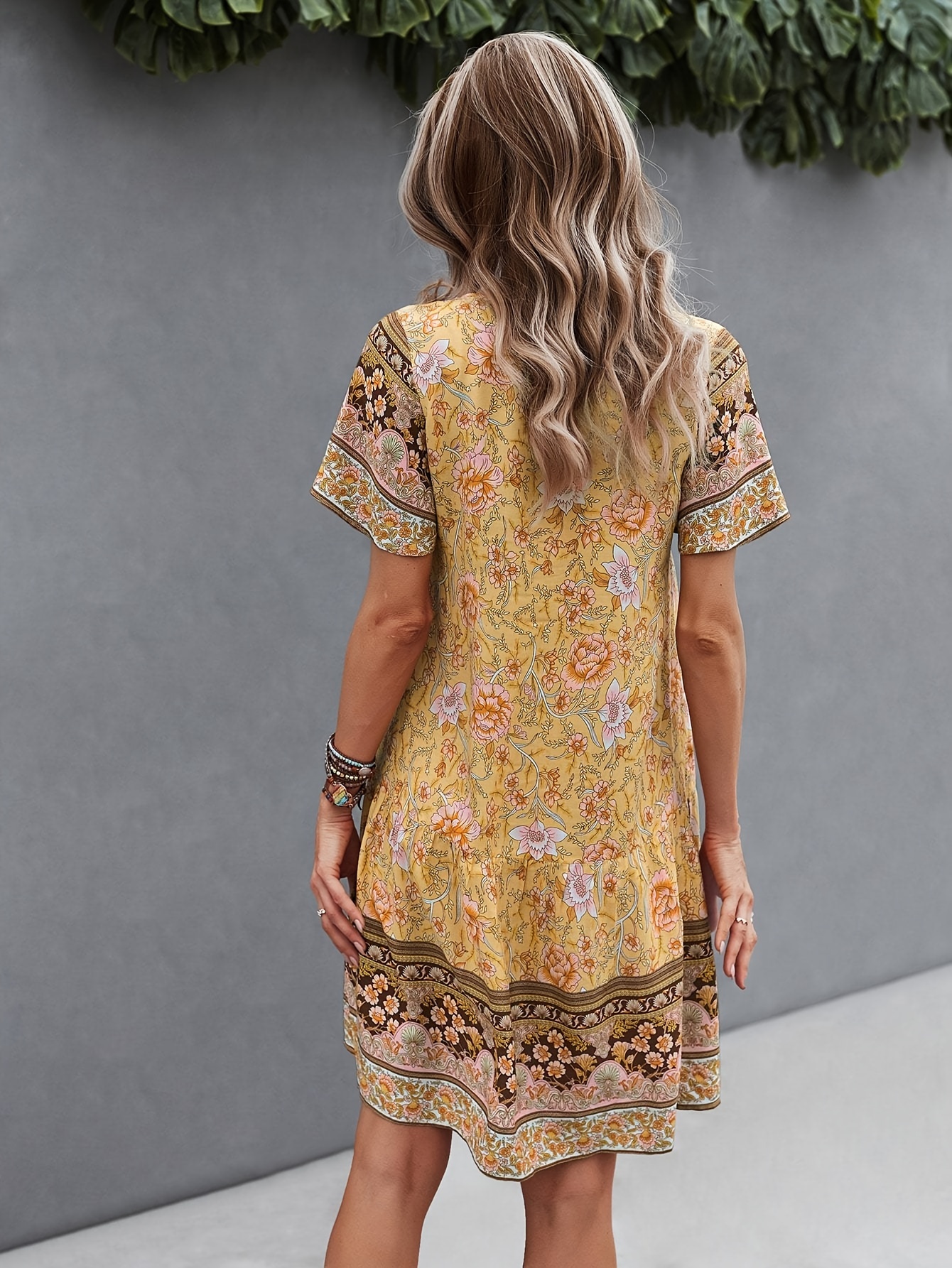 floral print v neck dress vintage short sleeve dress for spring summer womens clothing details 9