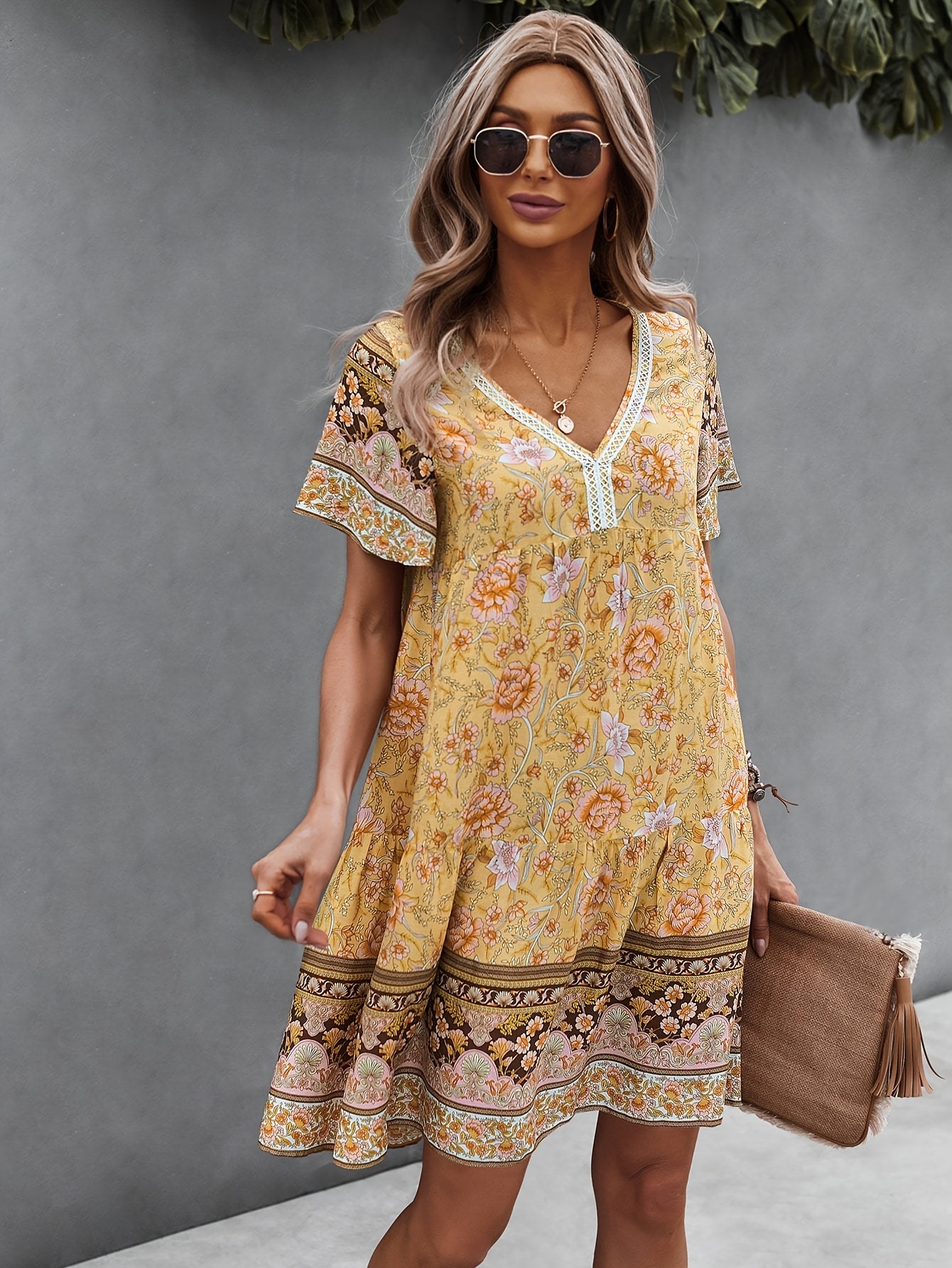 floral print v neck dress vintage short sleeve dress for spring summer womens clothing details 10