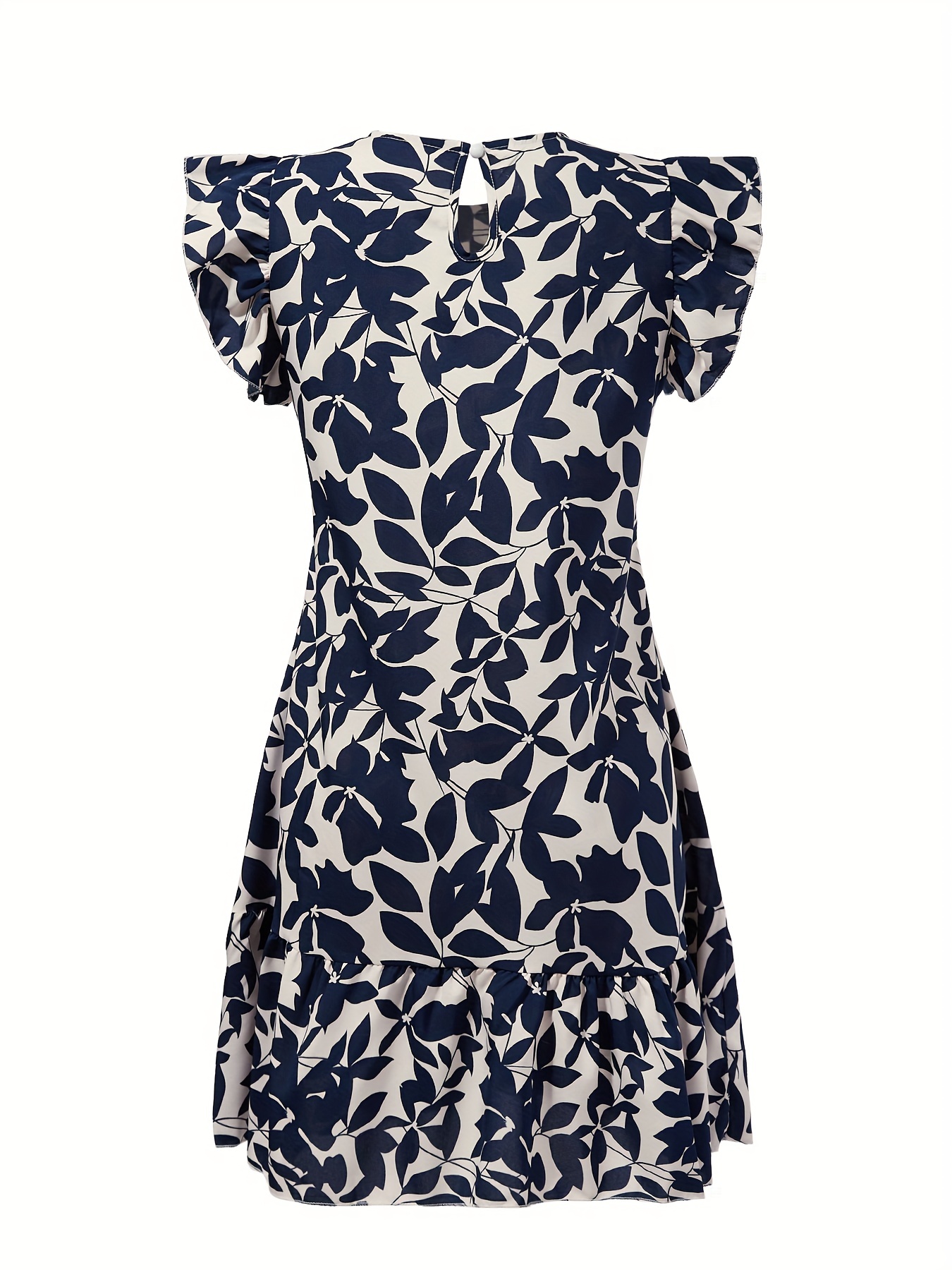 floral print ruffle trim dress elegant crew neck summer midi dress womens clothing details 1