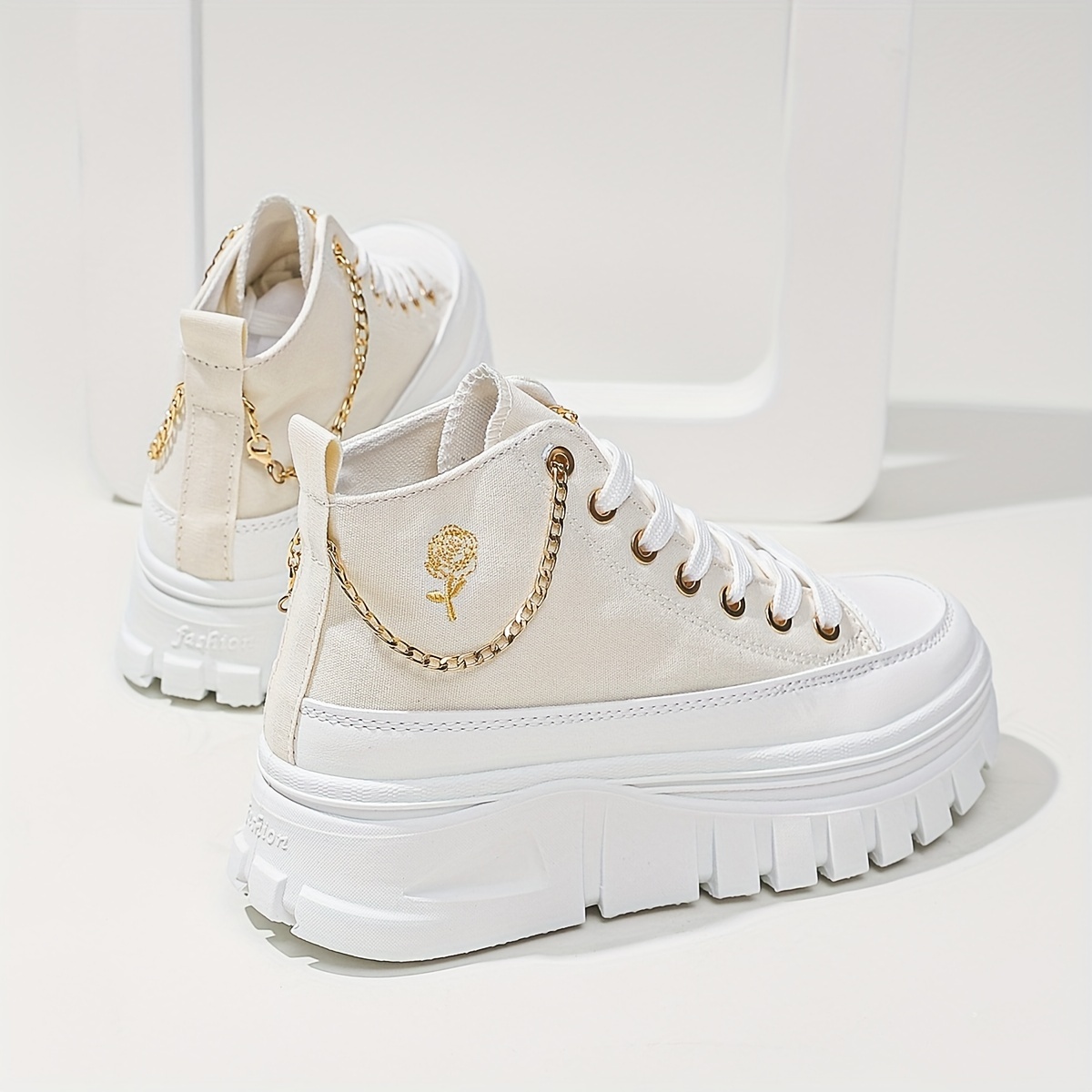 women s high top canvas sneakers metallic chain platform details 1