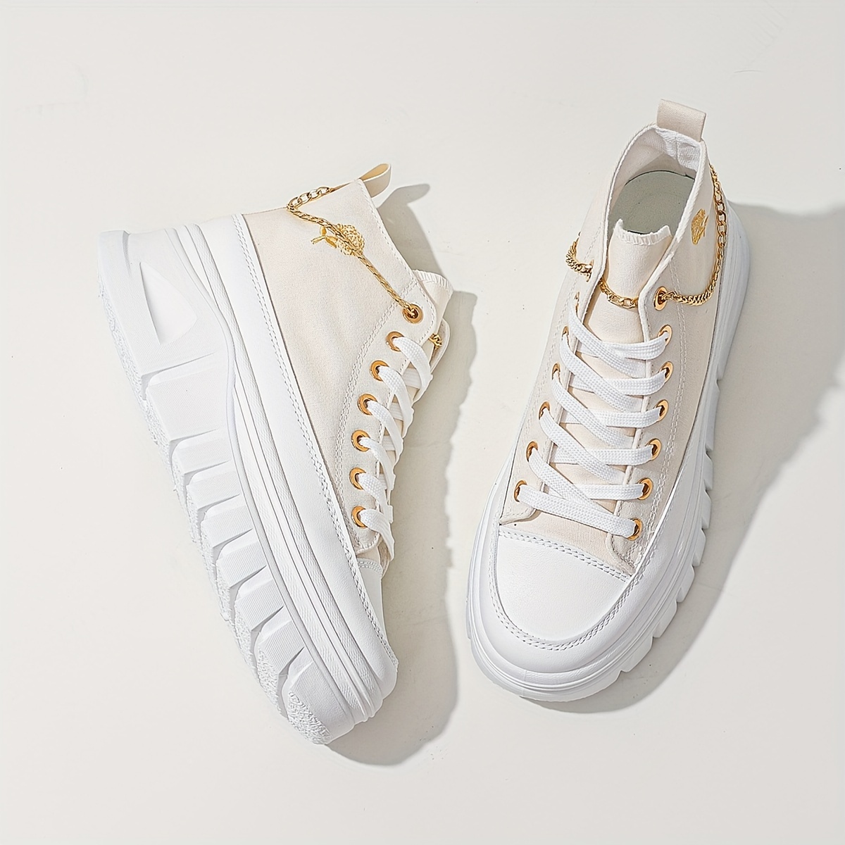 women s high top canvas sneakers metallic chain platform details 2