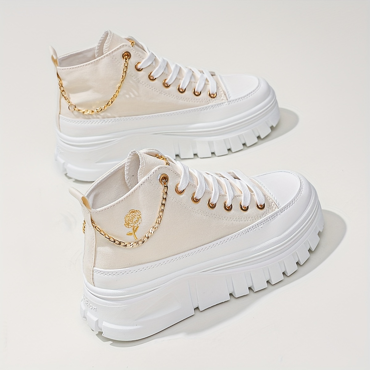 women s high top canvas sneakers metallic chain platform details 4