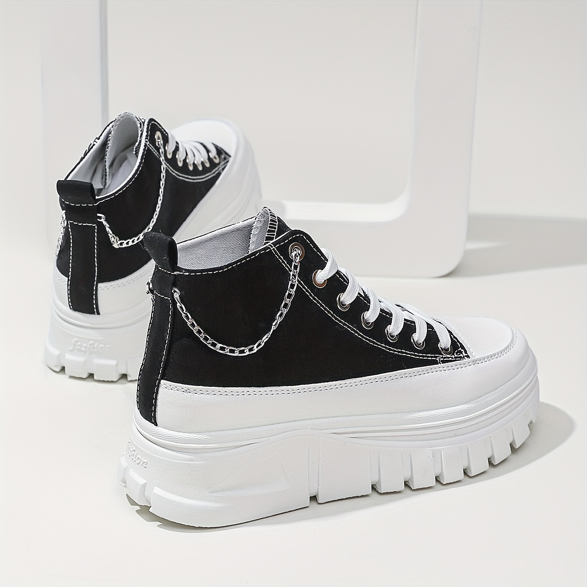 women s high top canvas sneakers metallic chain platform details 8