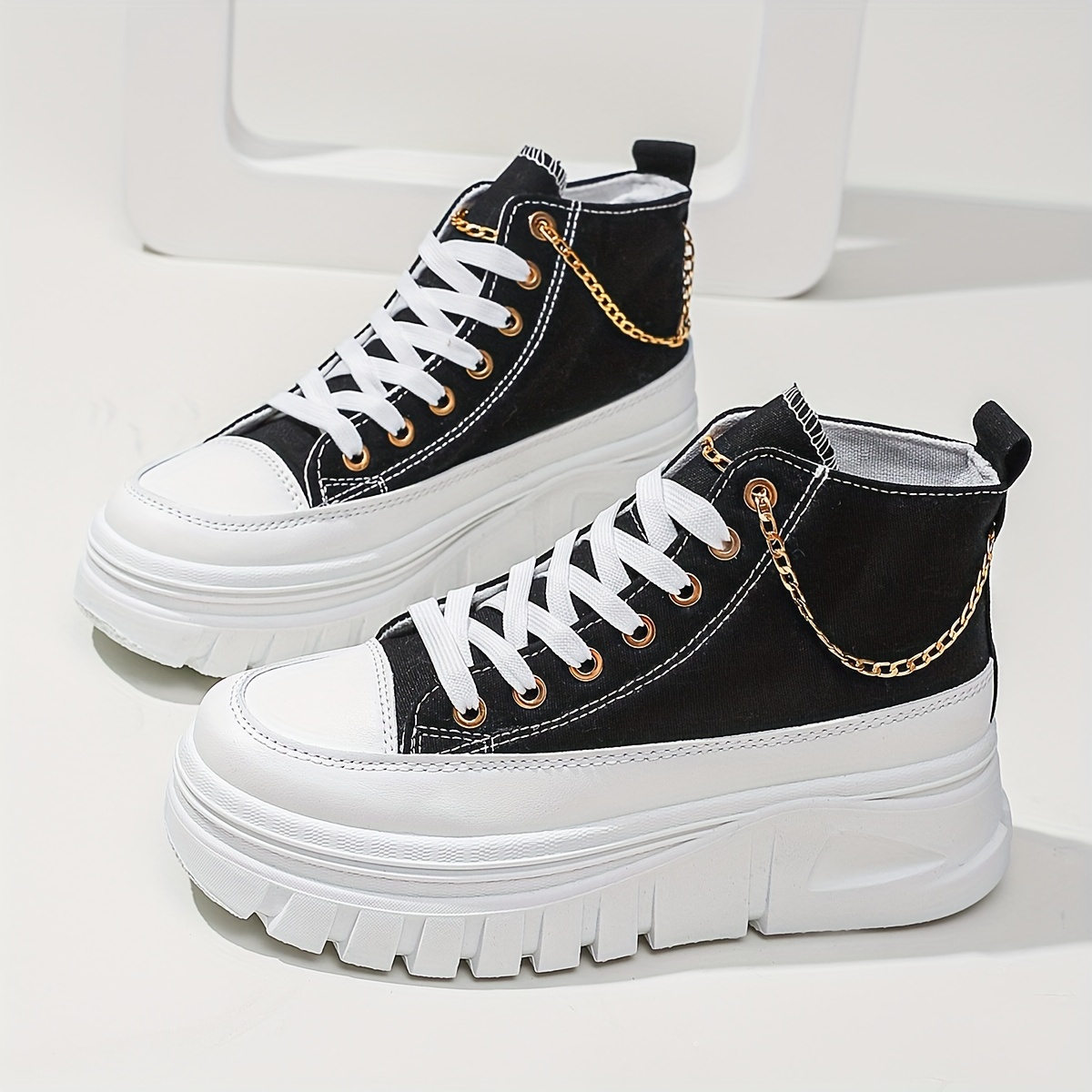 women s high top canvas sneakers metallic chain platform details 12