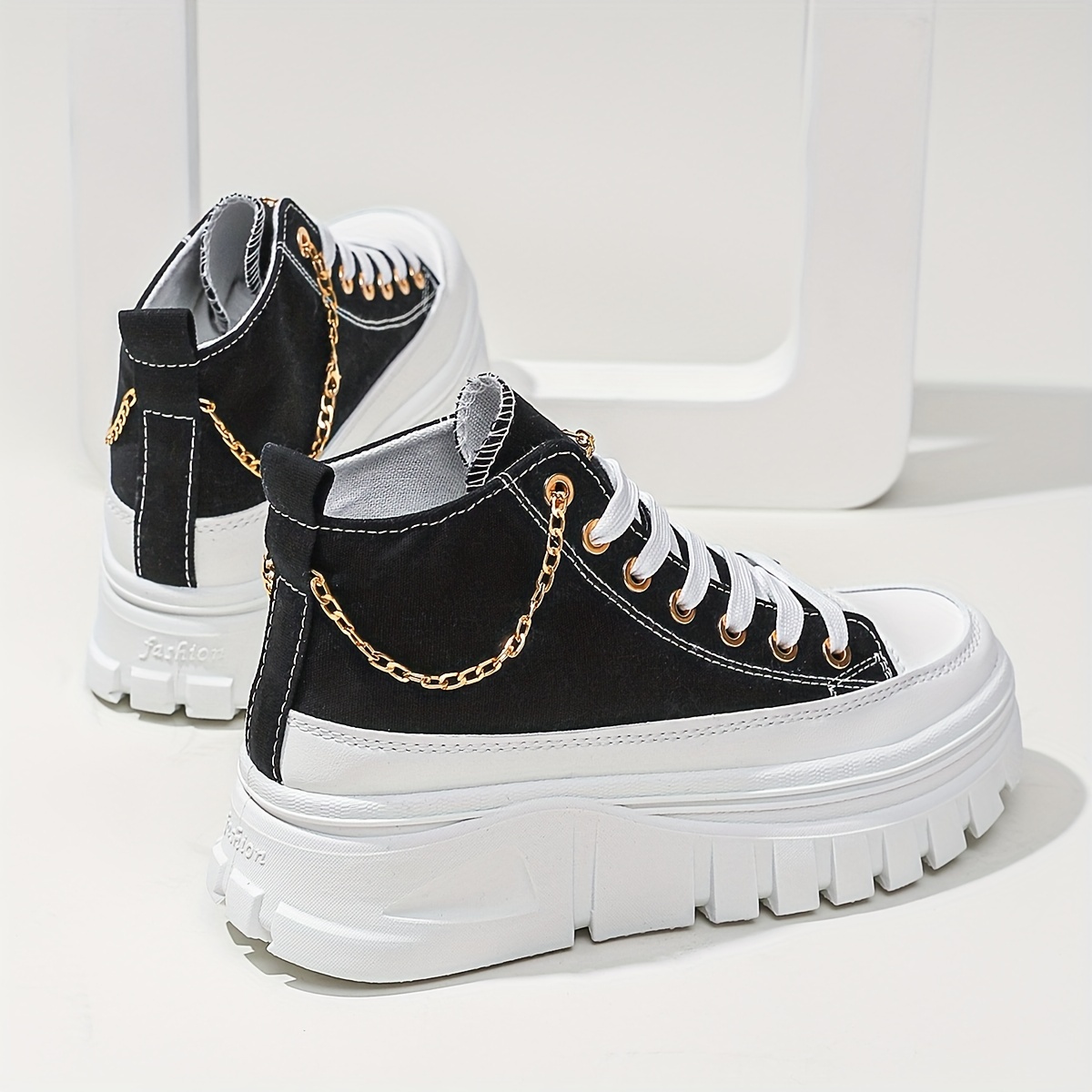 women s high top canvas sneakers metallic chain platform details 13