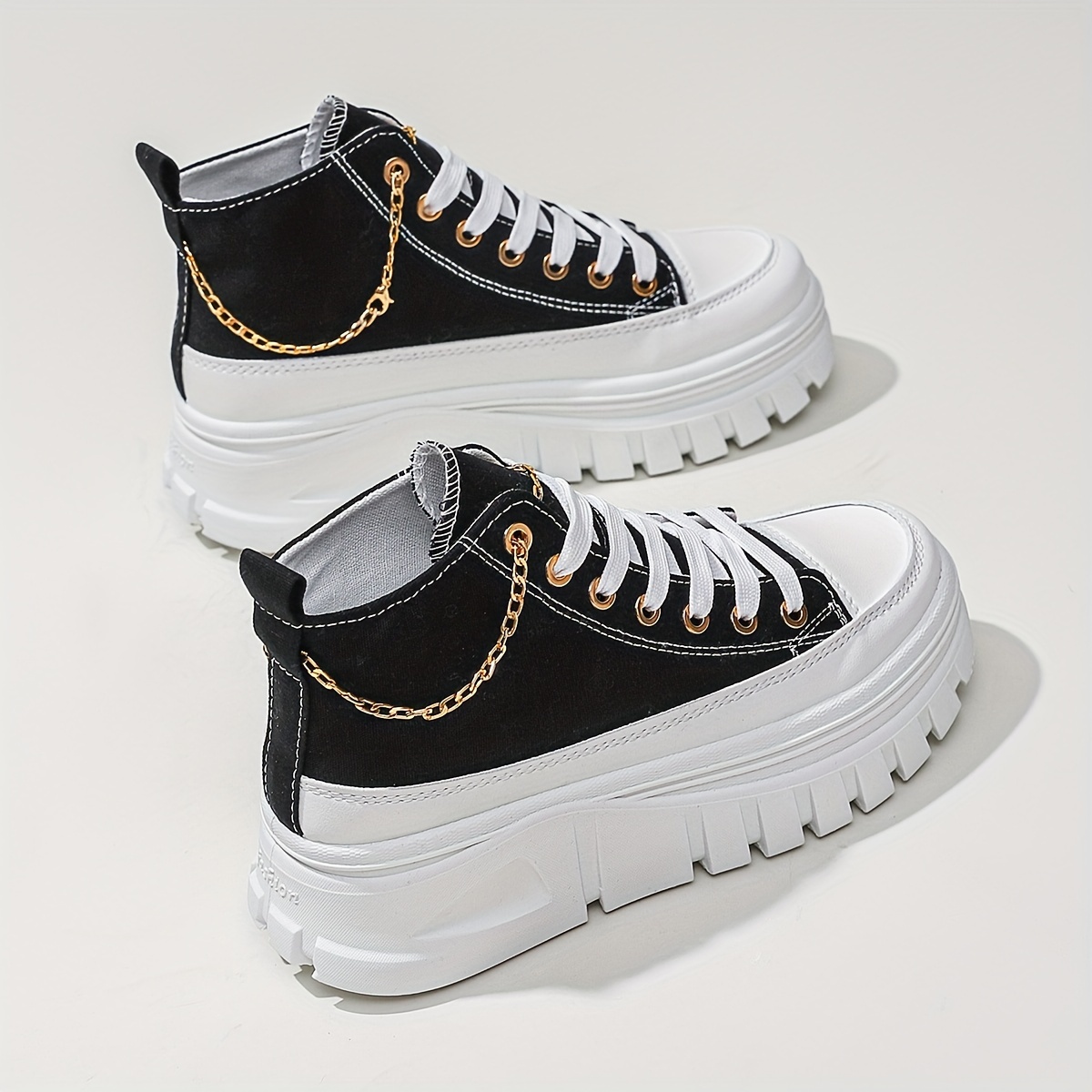 women s high top canvas sneakers metallic chain platform details 14