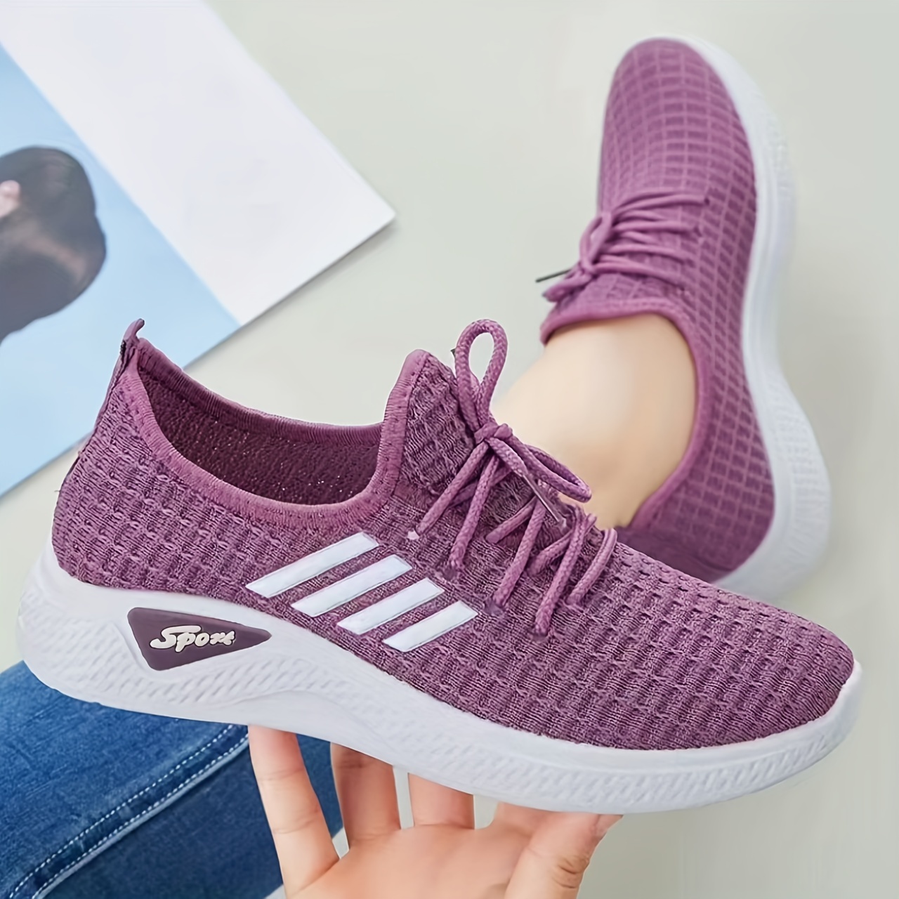 solid color knitted sneakers women s lace platform soft sole details 4